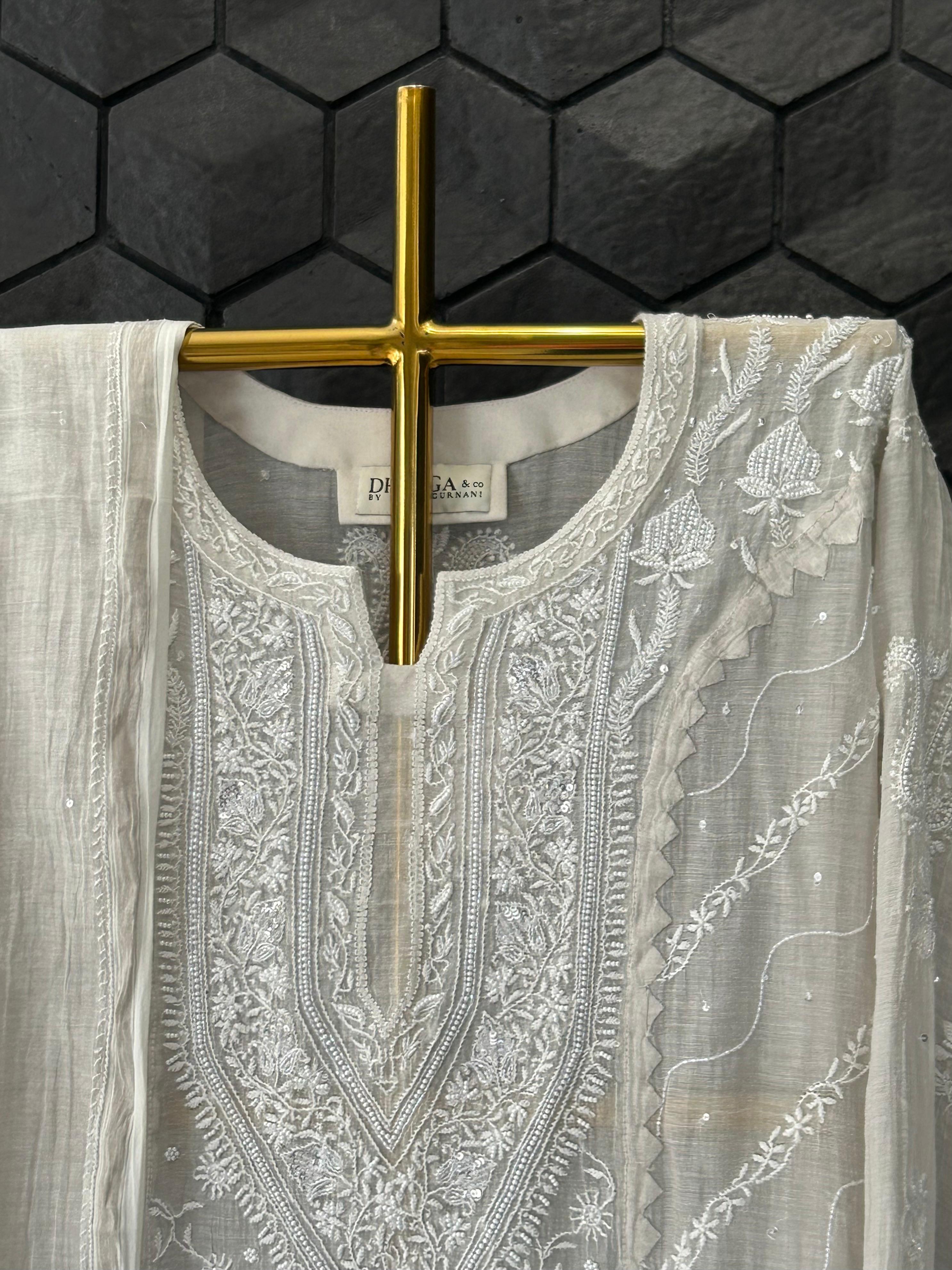 Silver Tissue Chikankari Kurta Set