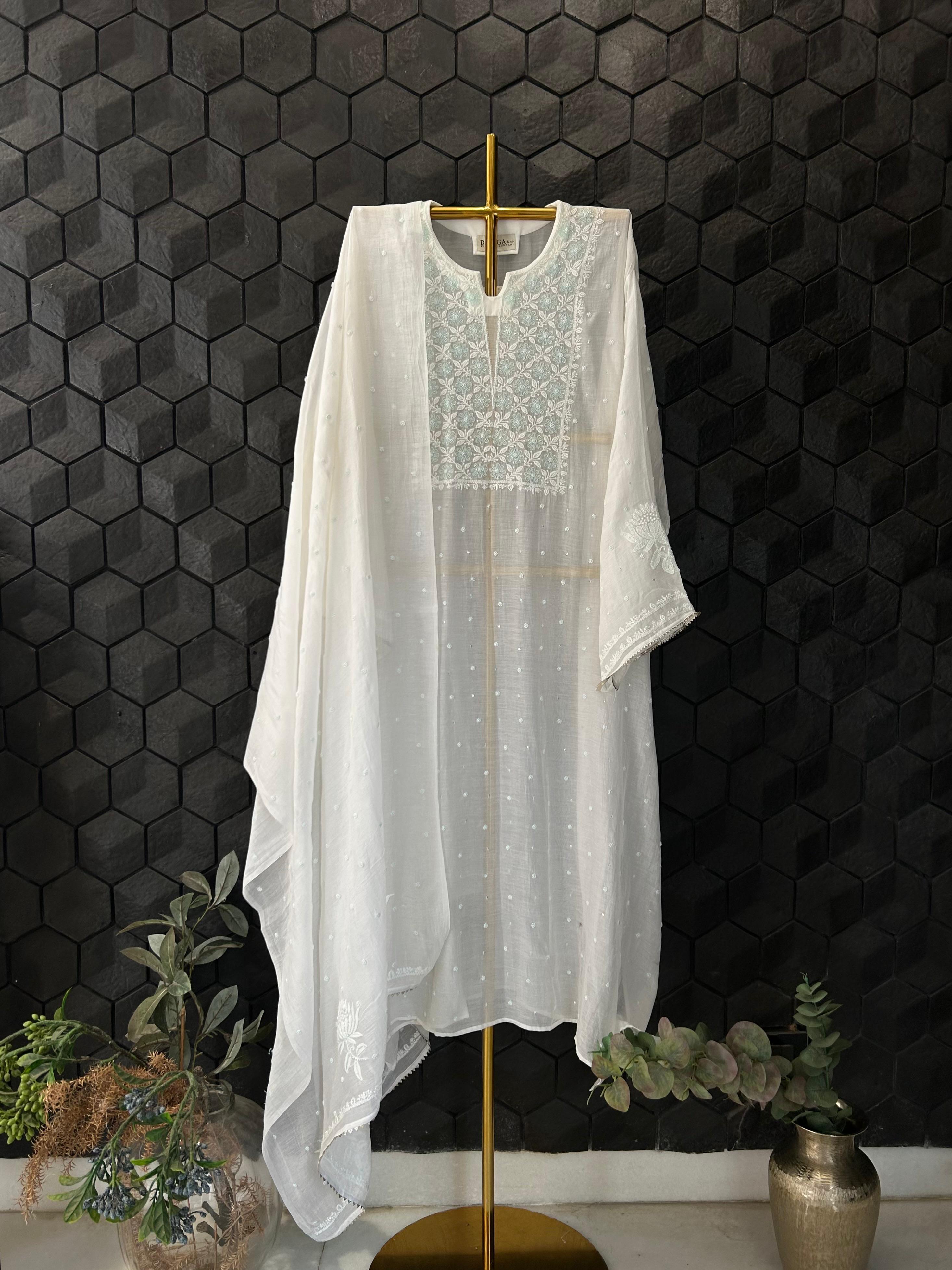 White Mul Chanderi Chikankari Kurta Set