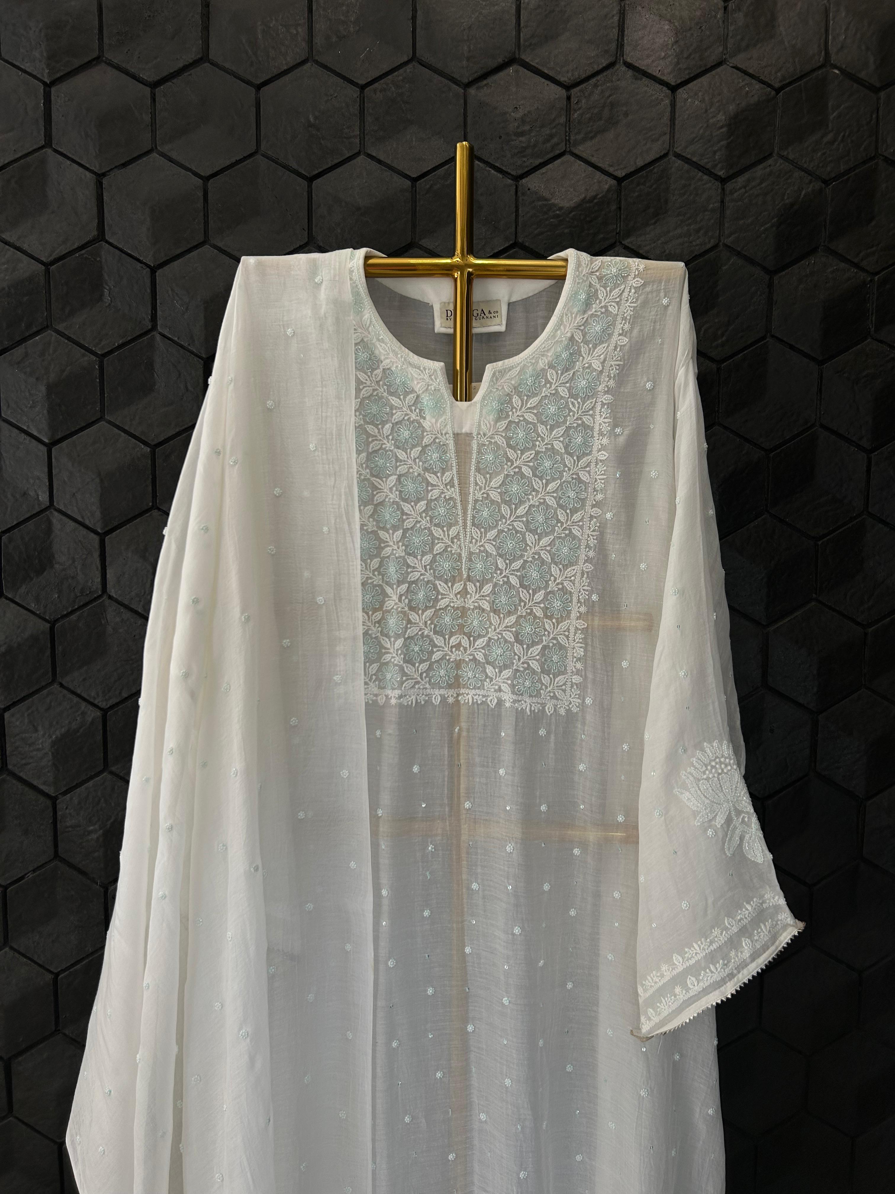 White Mul Chanderi Chikankari Kurta Set