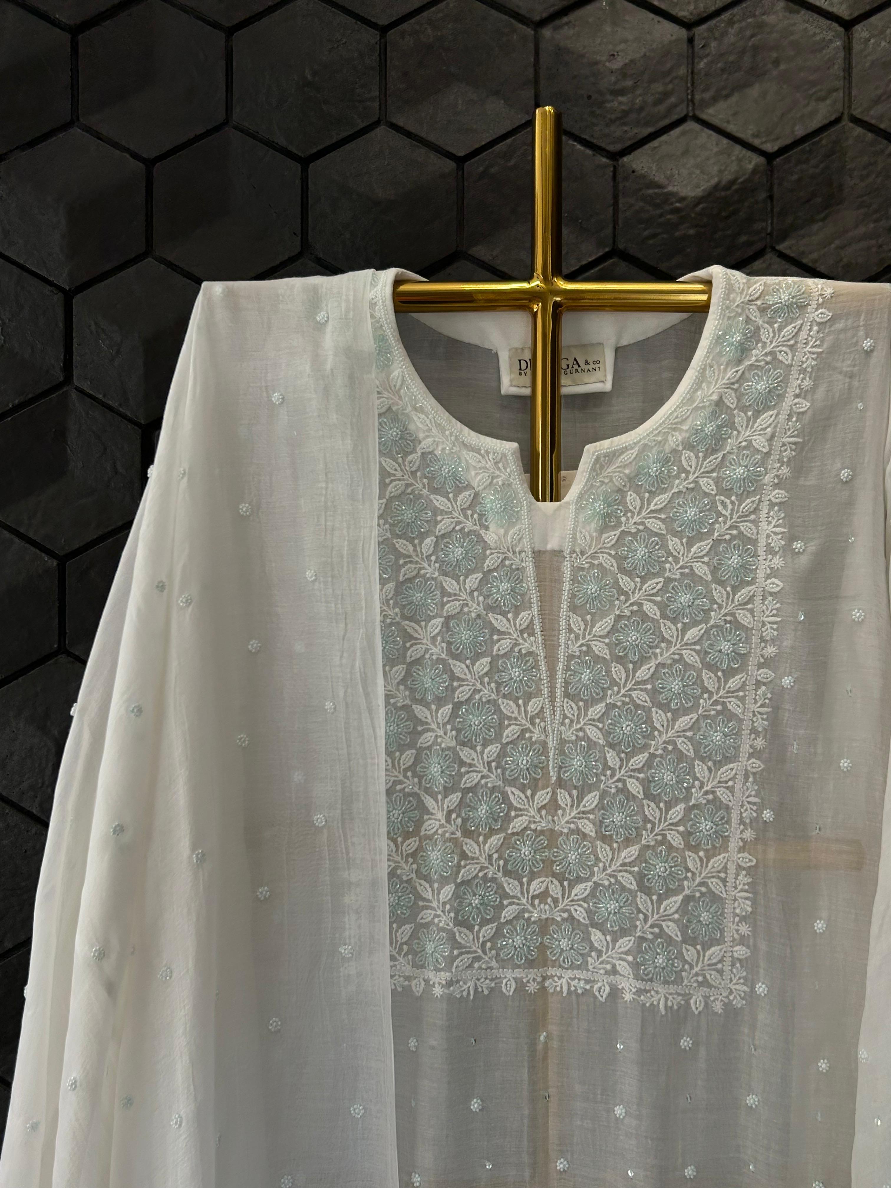 White Mul Chanderi Chikankari Kurta Set