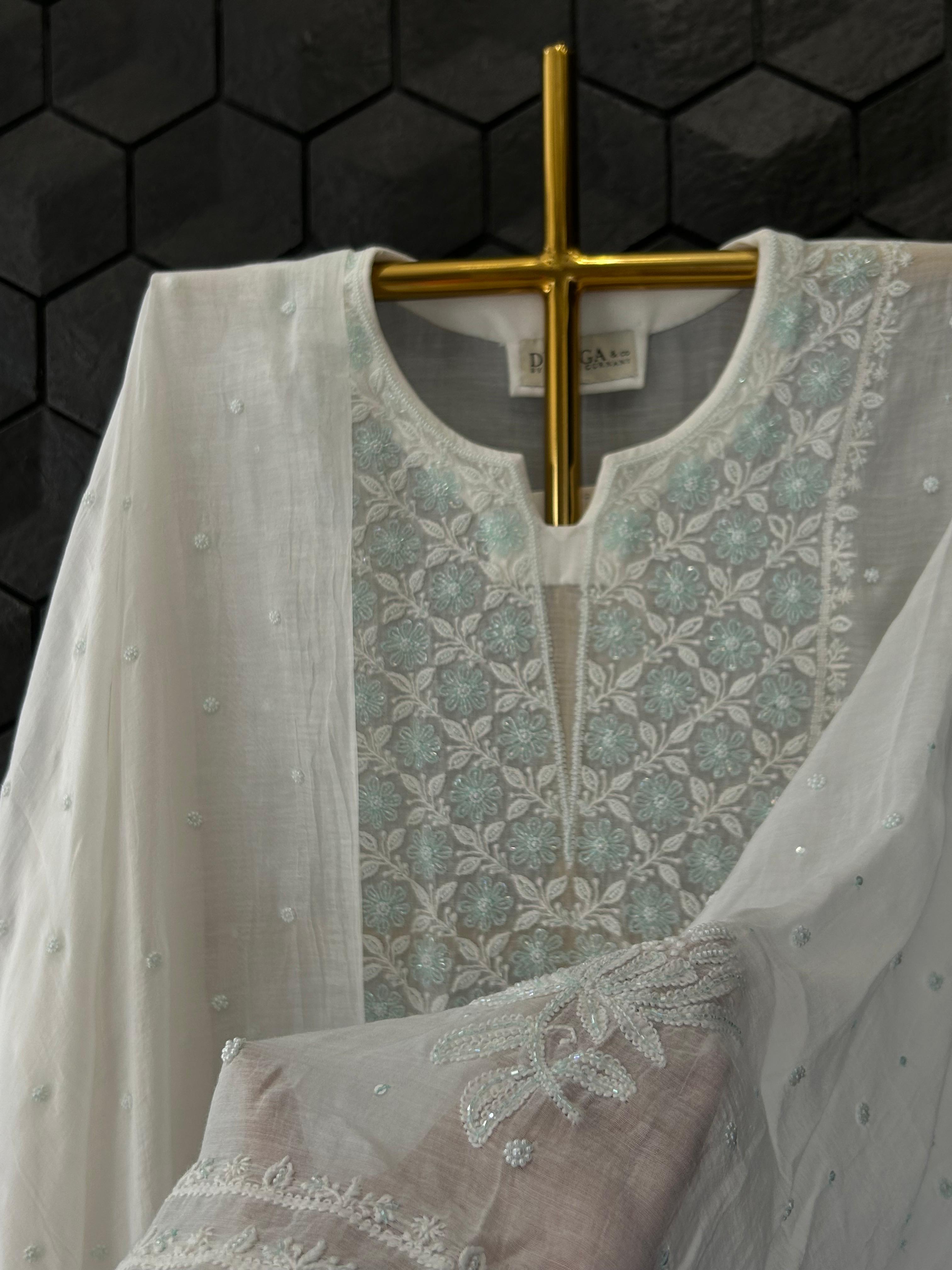 White Mul Chanderi Chikankari Kurta Set