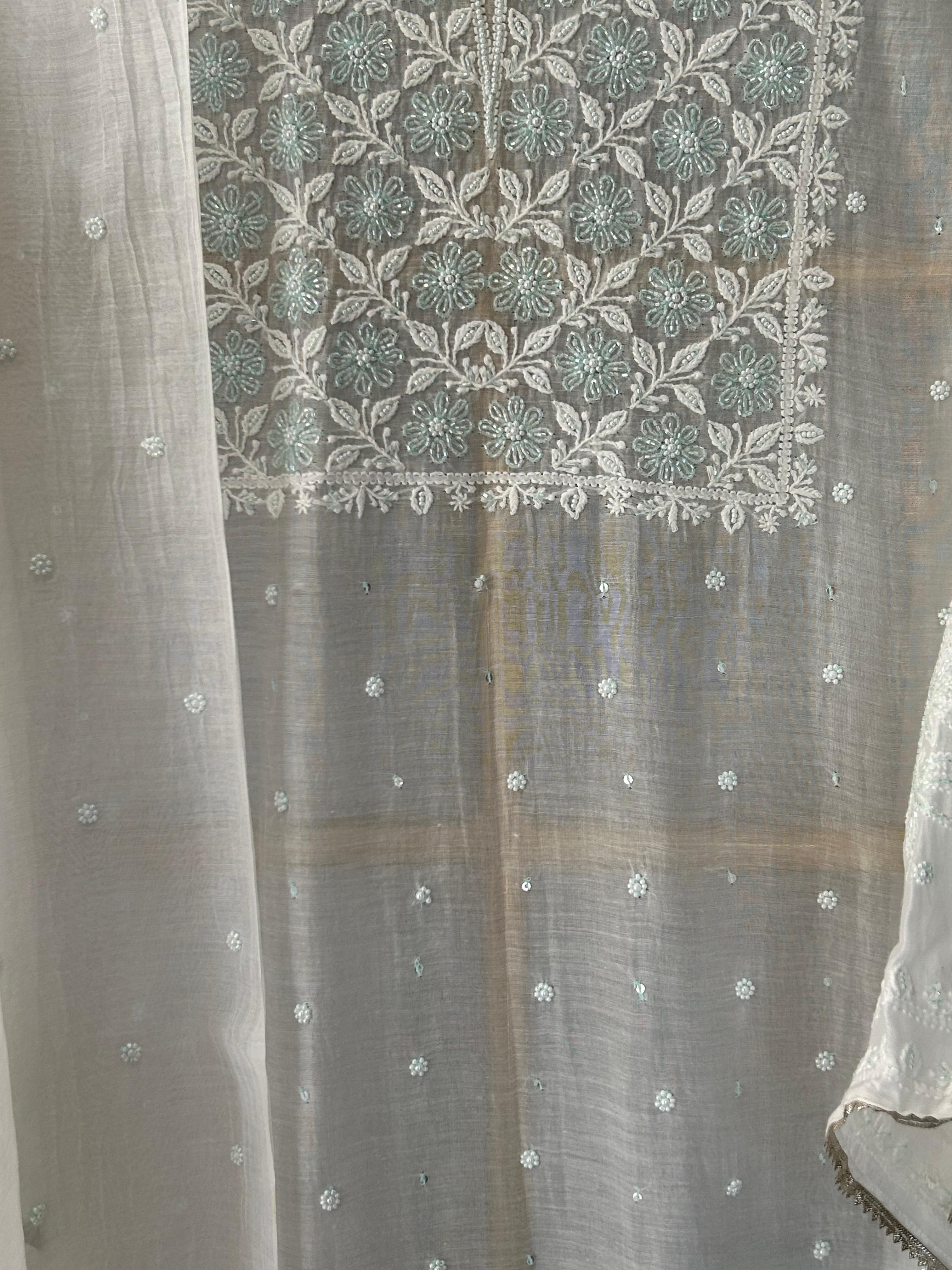 White Mul Chanderi Chikankari Kurta Set