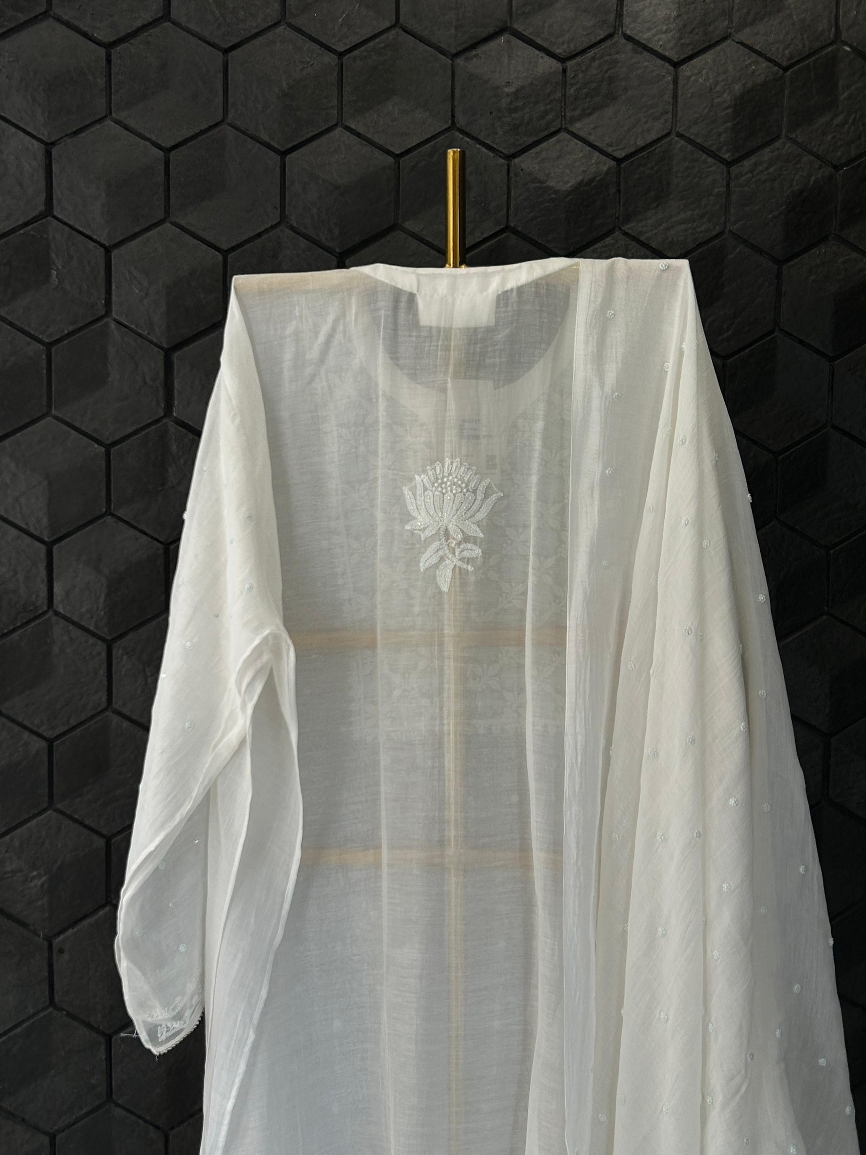 White Mul Chanderi Chikankari Kurta Set