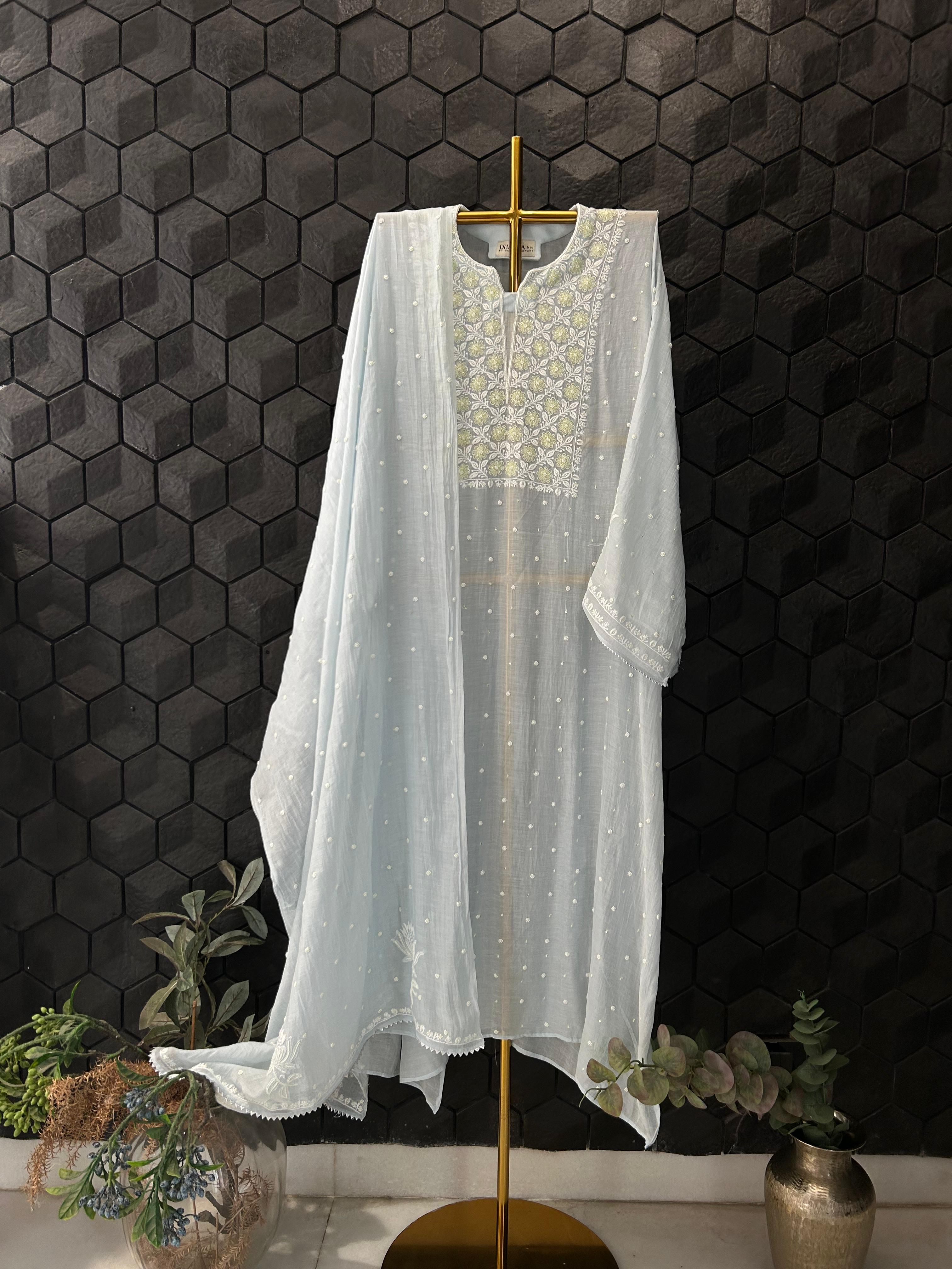 Powder Blue Mul Chanderi Chikankari Kurta Set