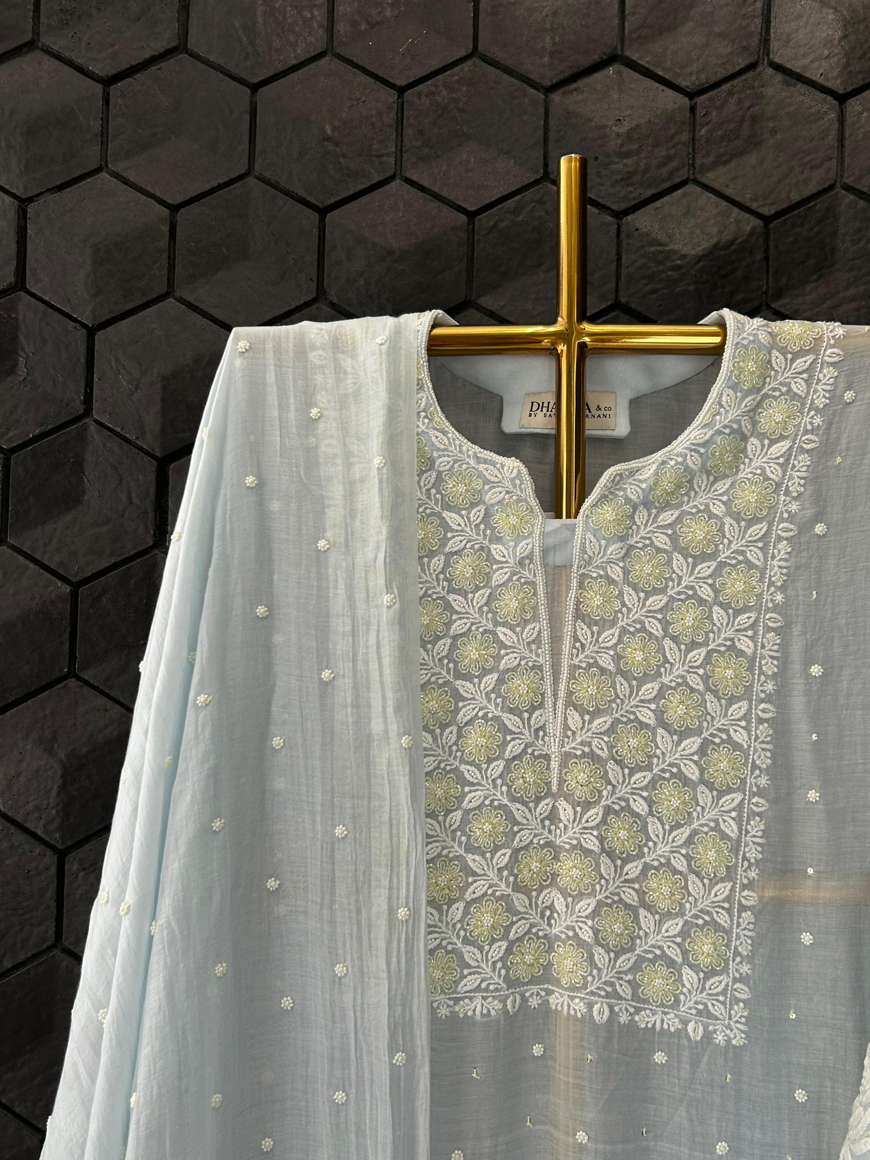 Powder Blue Mul Chanderi Chikankari Kurta Set