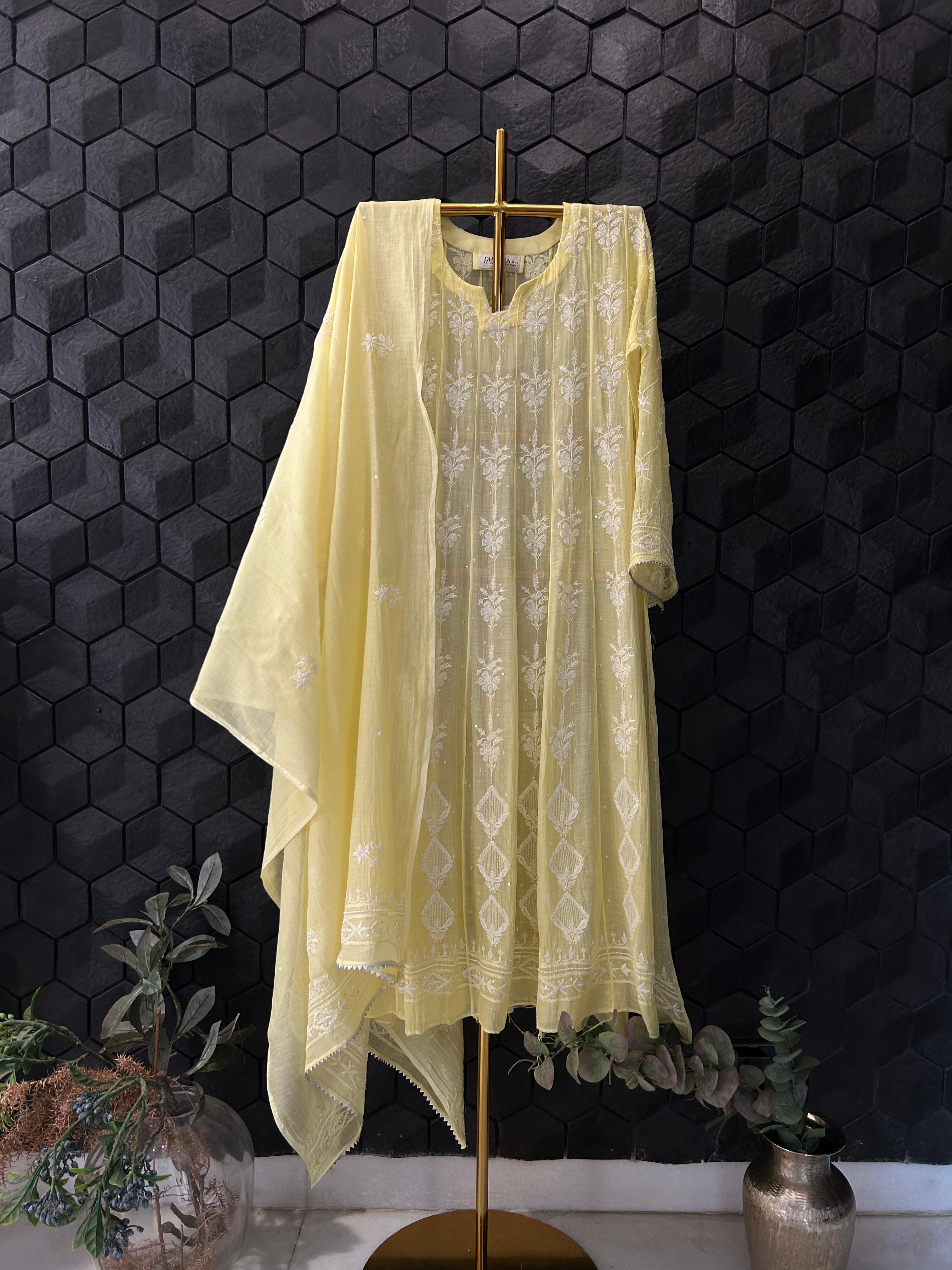 Yellow Mul Chanderi Chikankari Anarkali Set