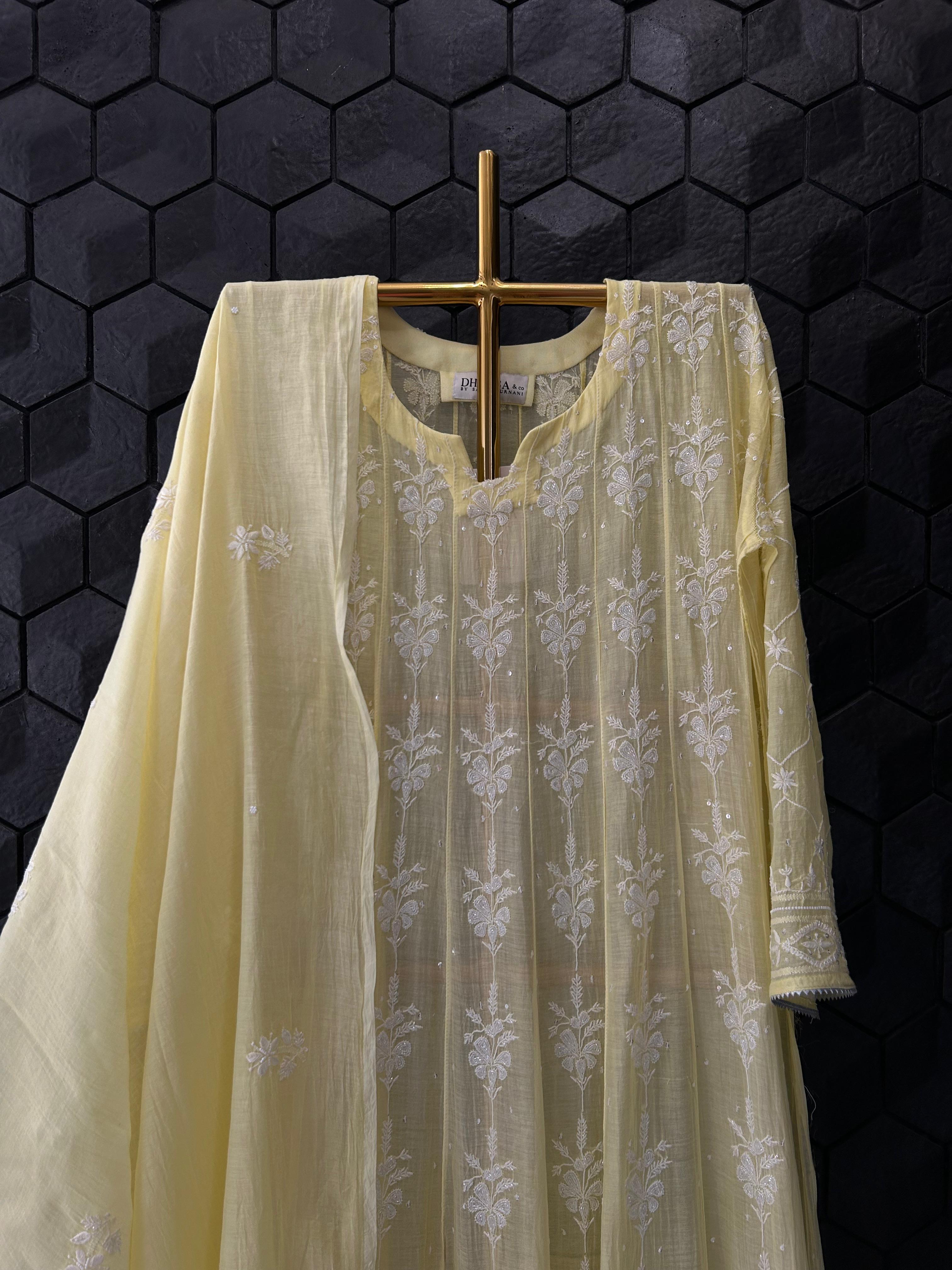 Yellow Mul Chanderi Chikankari Anarkali Set