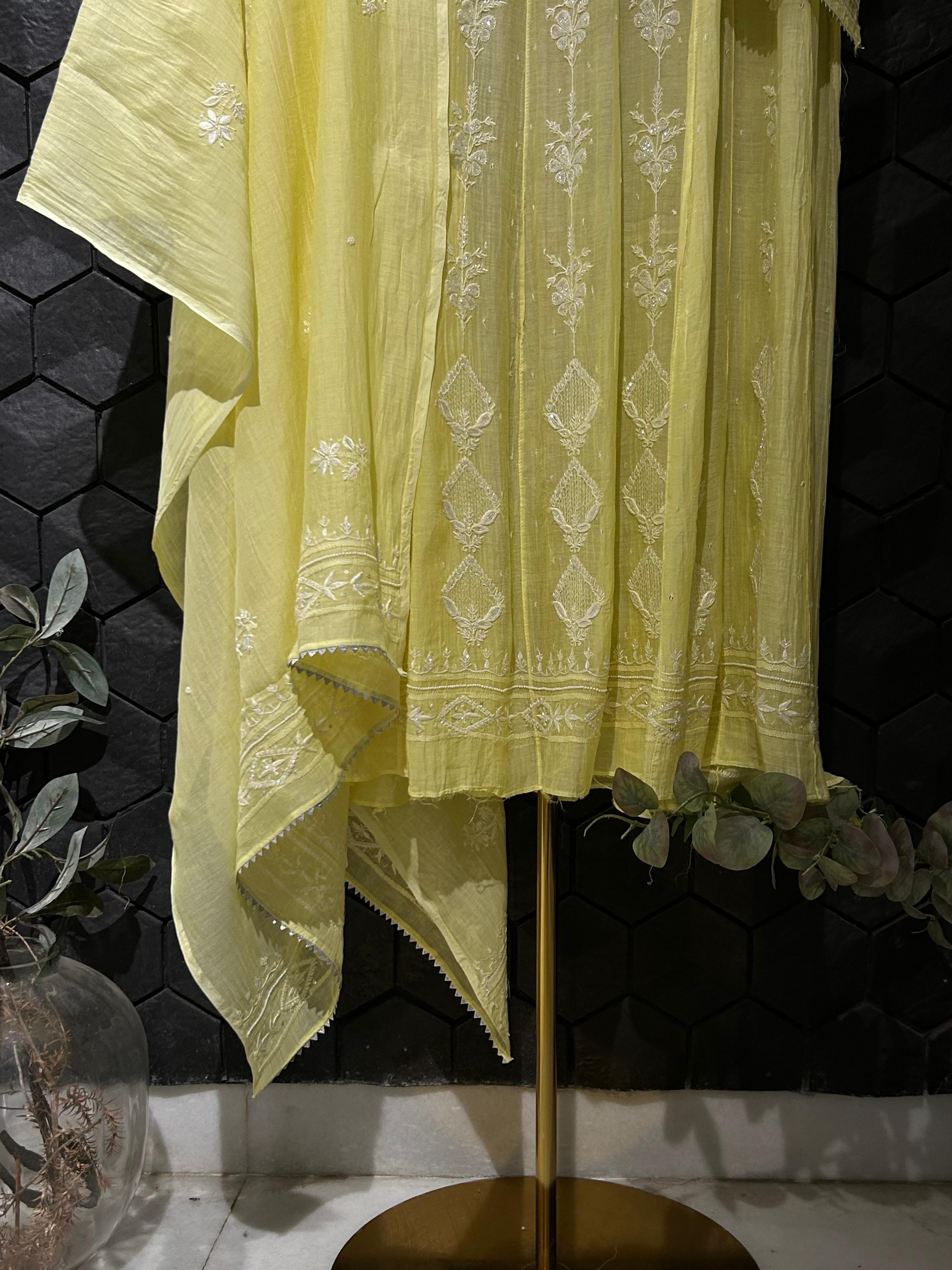 Yellow Mul Chanderi Chikankari Anarkali Set