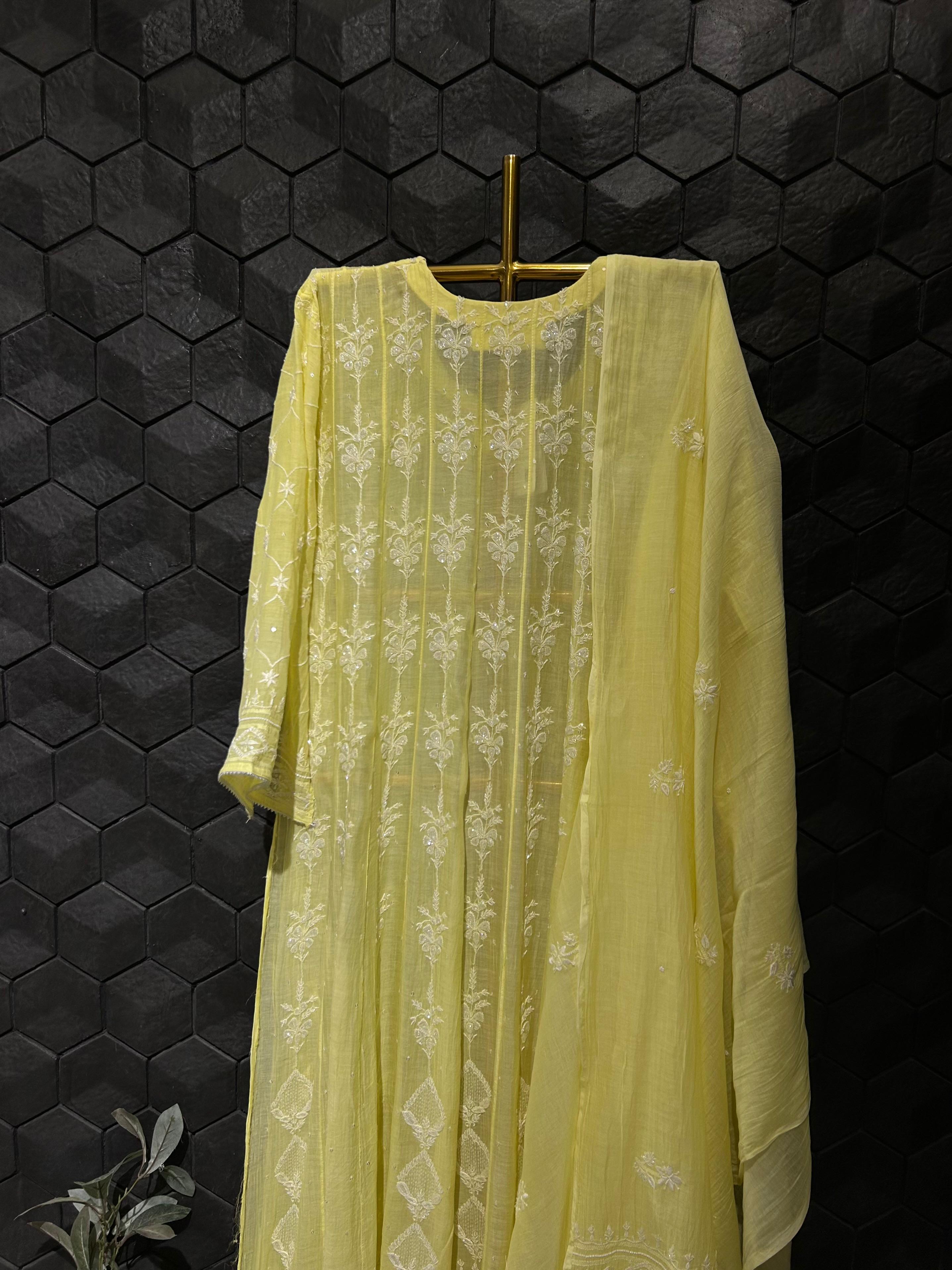 Yellow Mul Chanderi Chikankari Anarkali Set