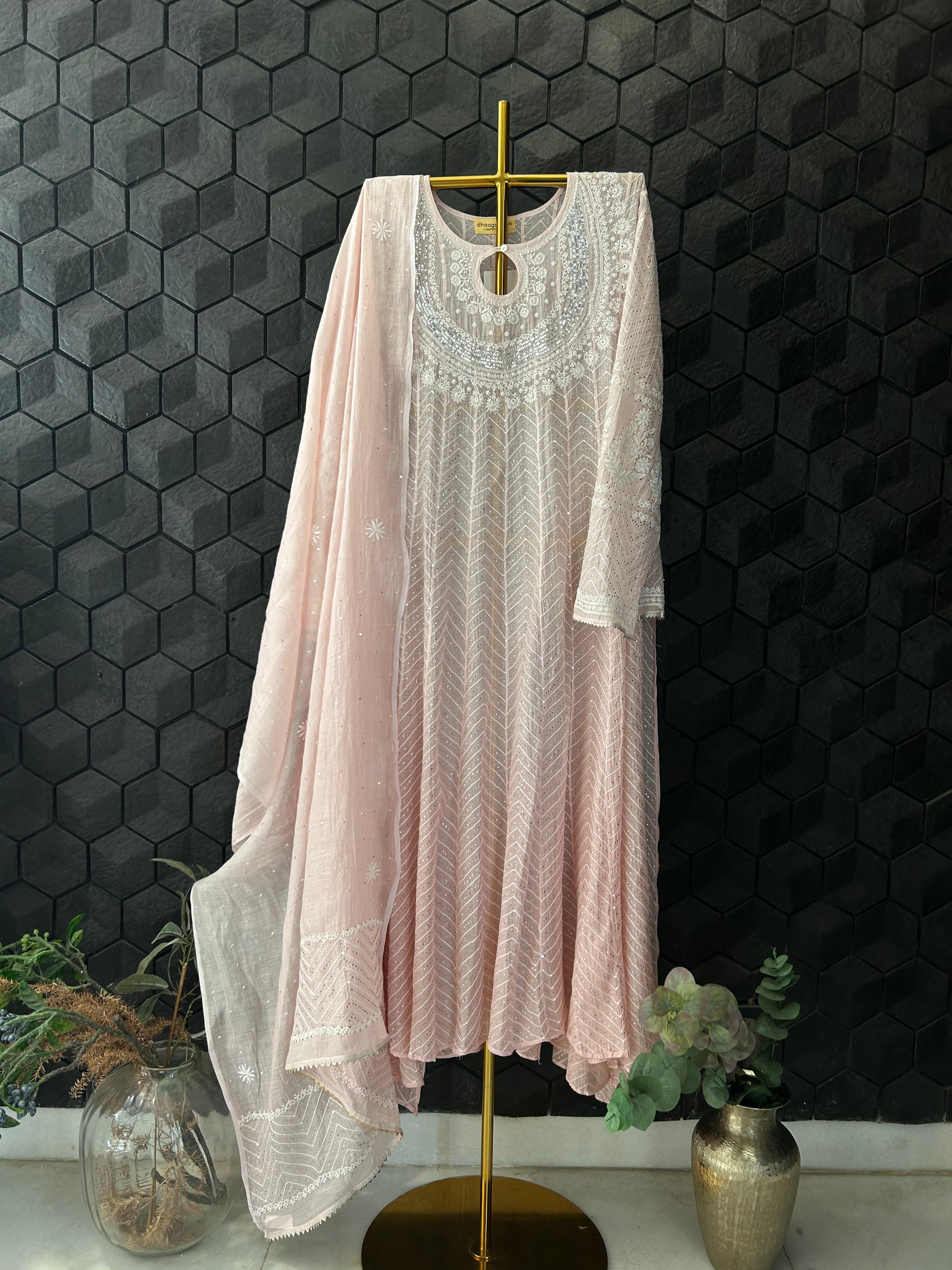 Pink Mul Chanderi Chikankari Anarkali Set