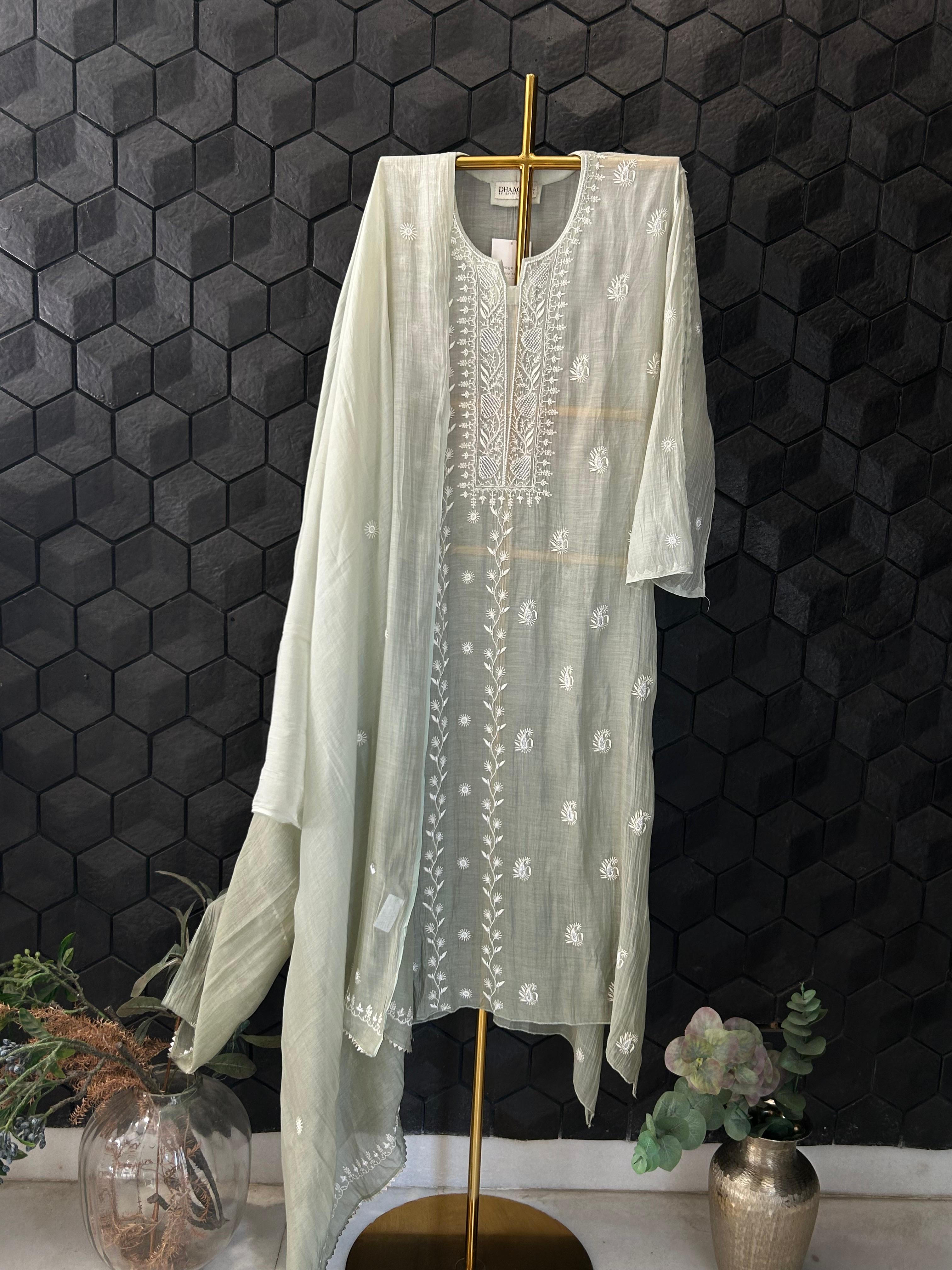 Sage Green Mul Chanderi Chikankari Kurta Set