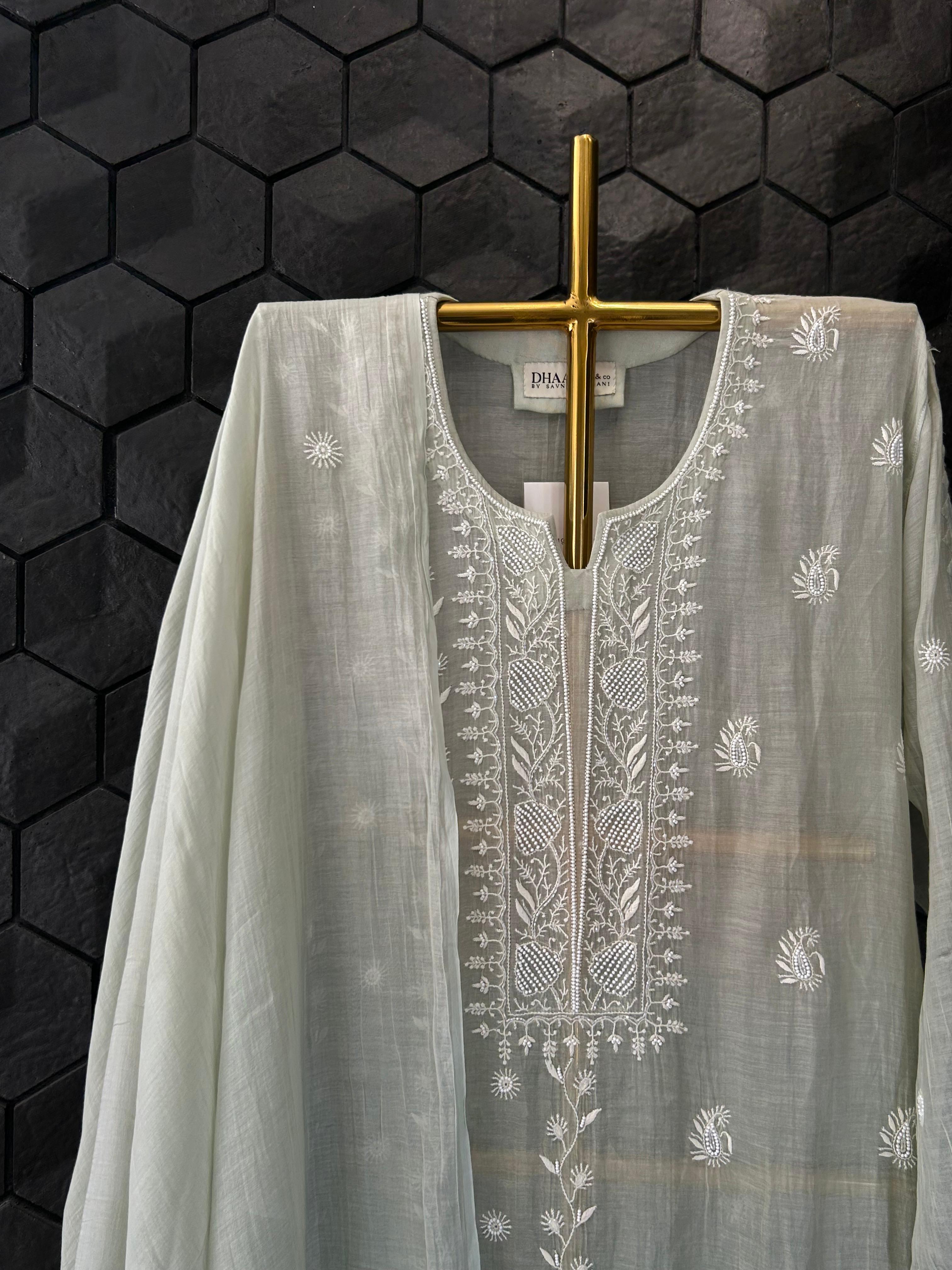 Sage Green Mul Chanderi Chikankari Kurta Set