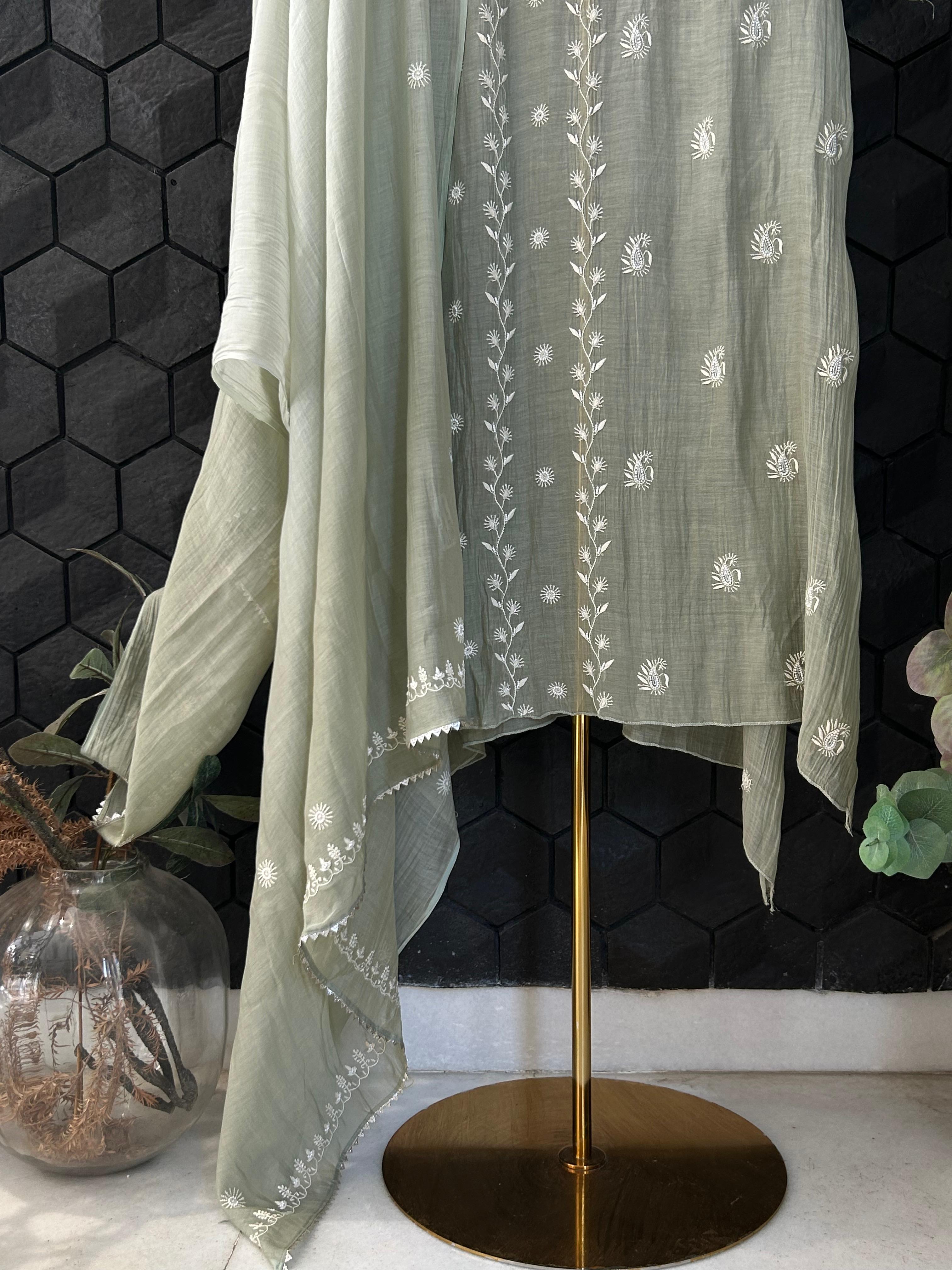 Sage Green Mul Chanderi Chikankari Kurta Set