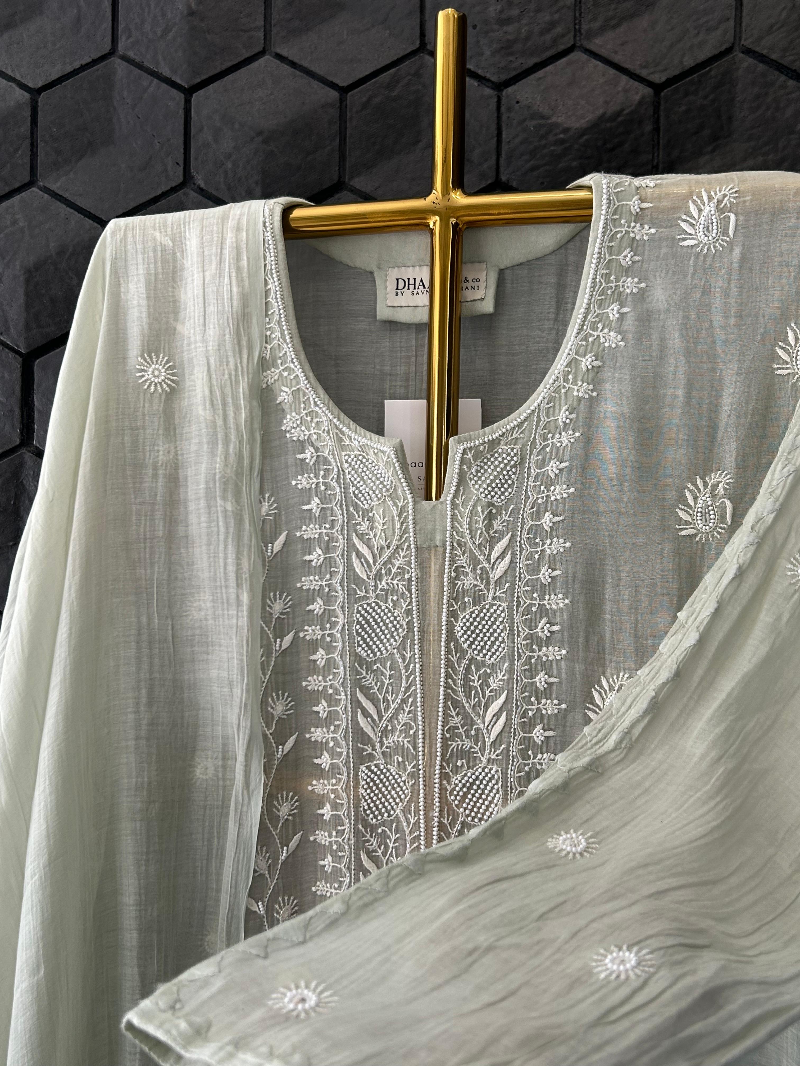 Sage Green Mul Chanderi Chikankari Kurta Set