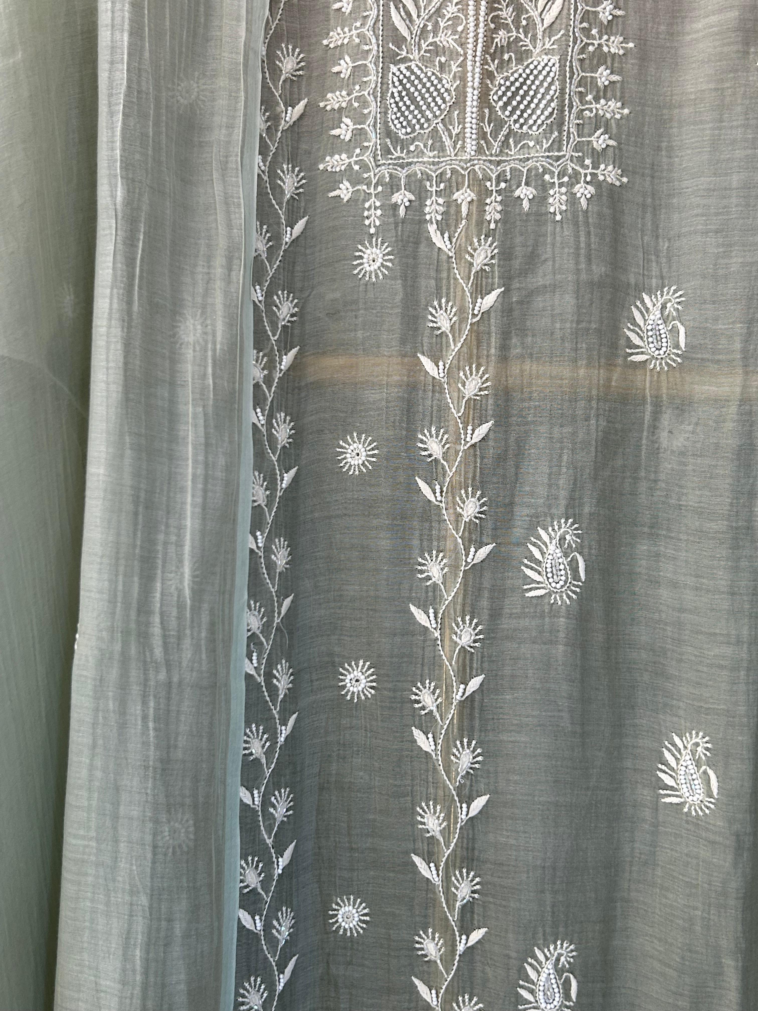 Sage Green Mul Chanderi Chikankari Kurta Set