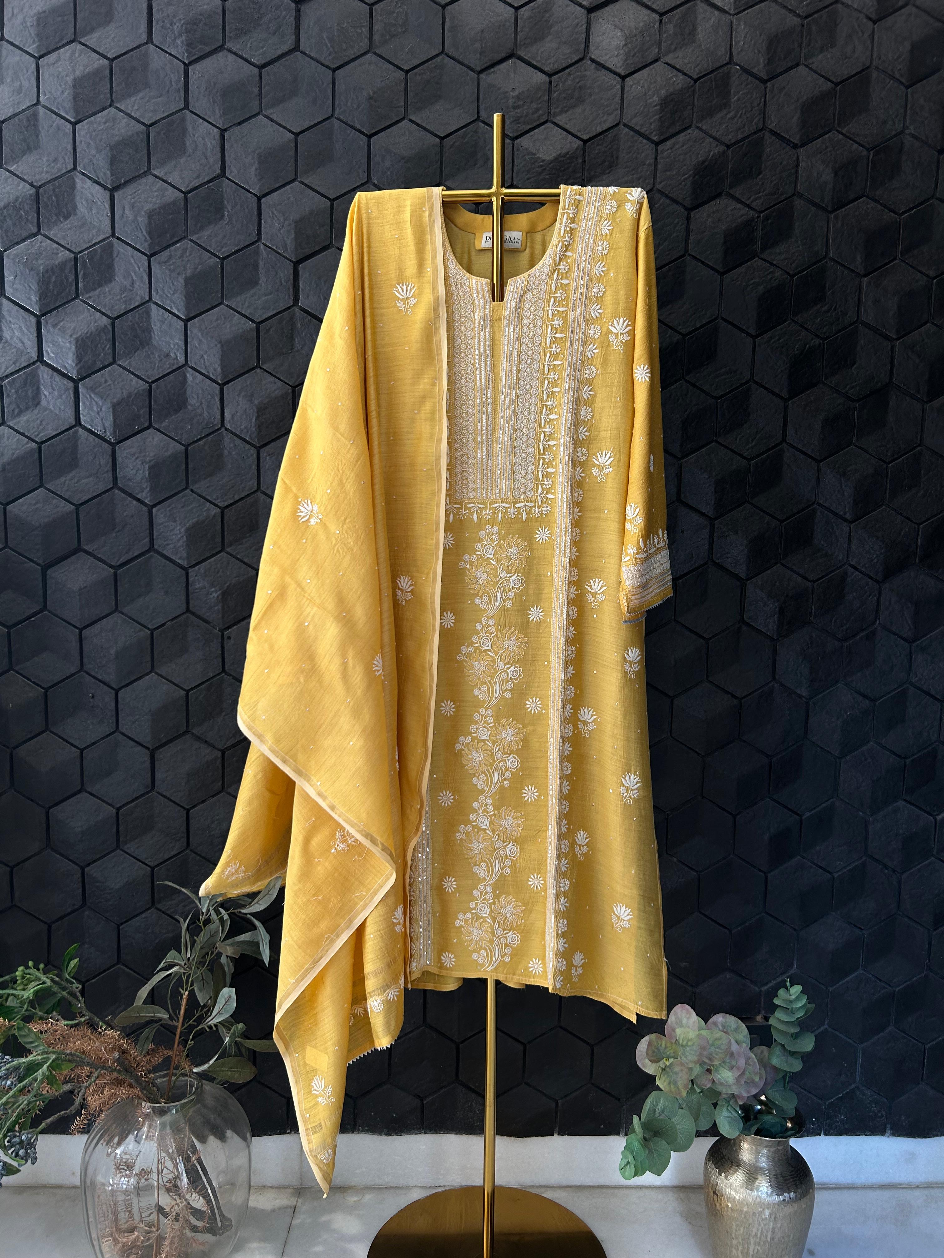 Mustard Munga Silk Chikankari Kurta Set