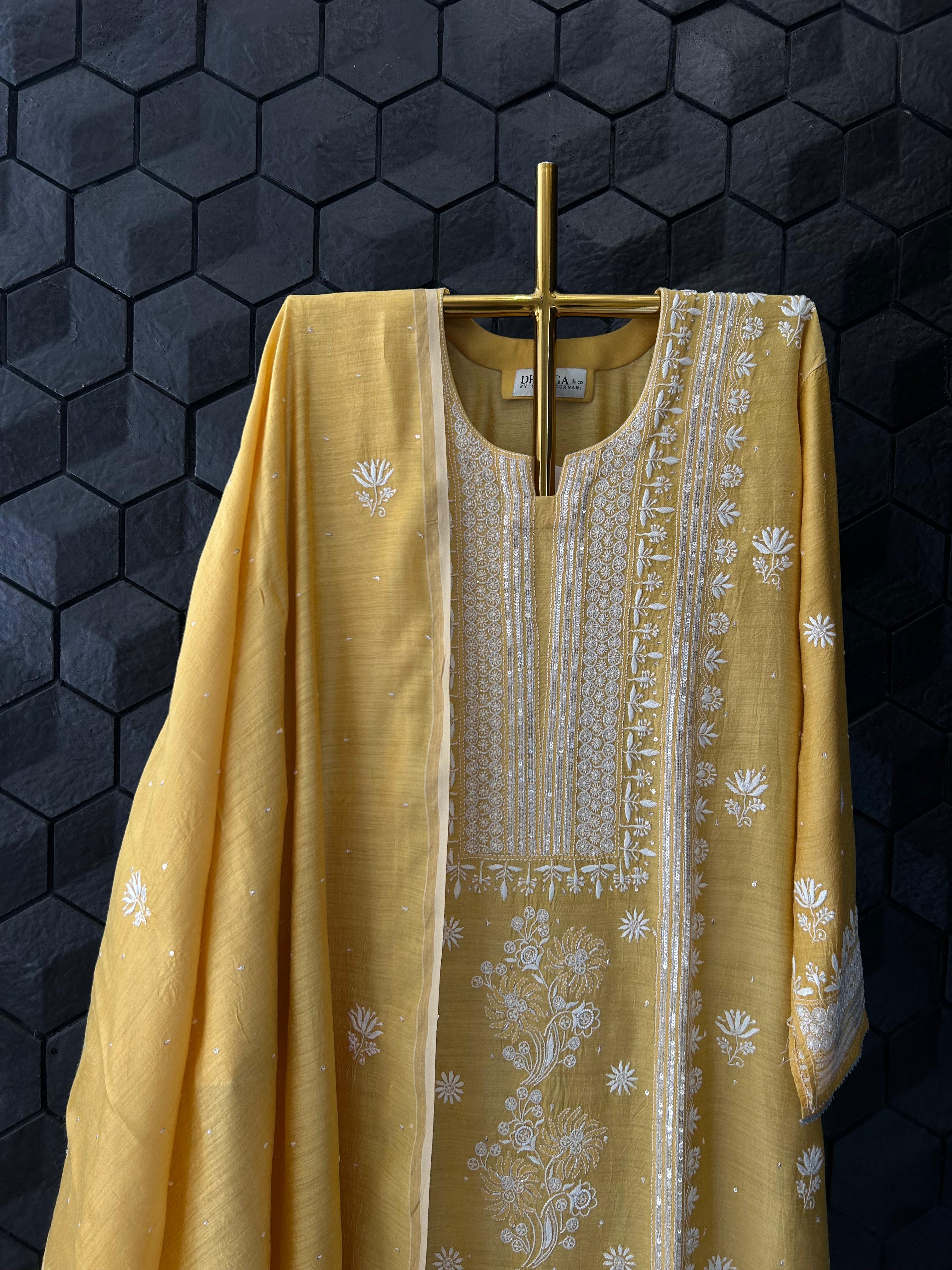 Mustard Munga Silk Chikankari Kurta Set