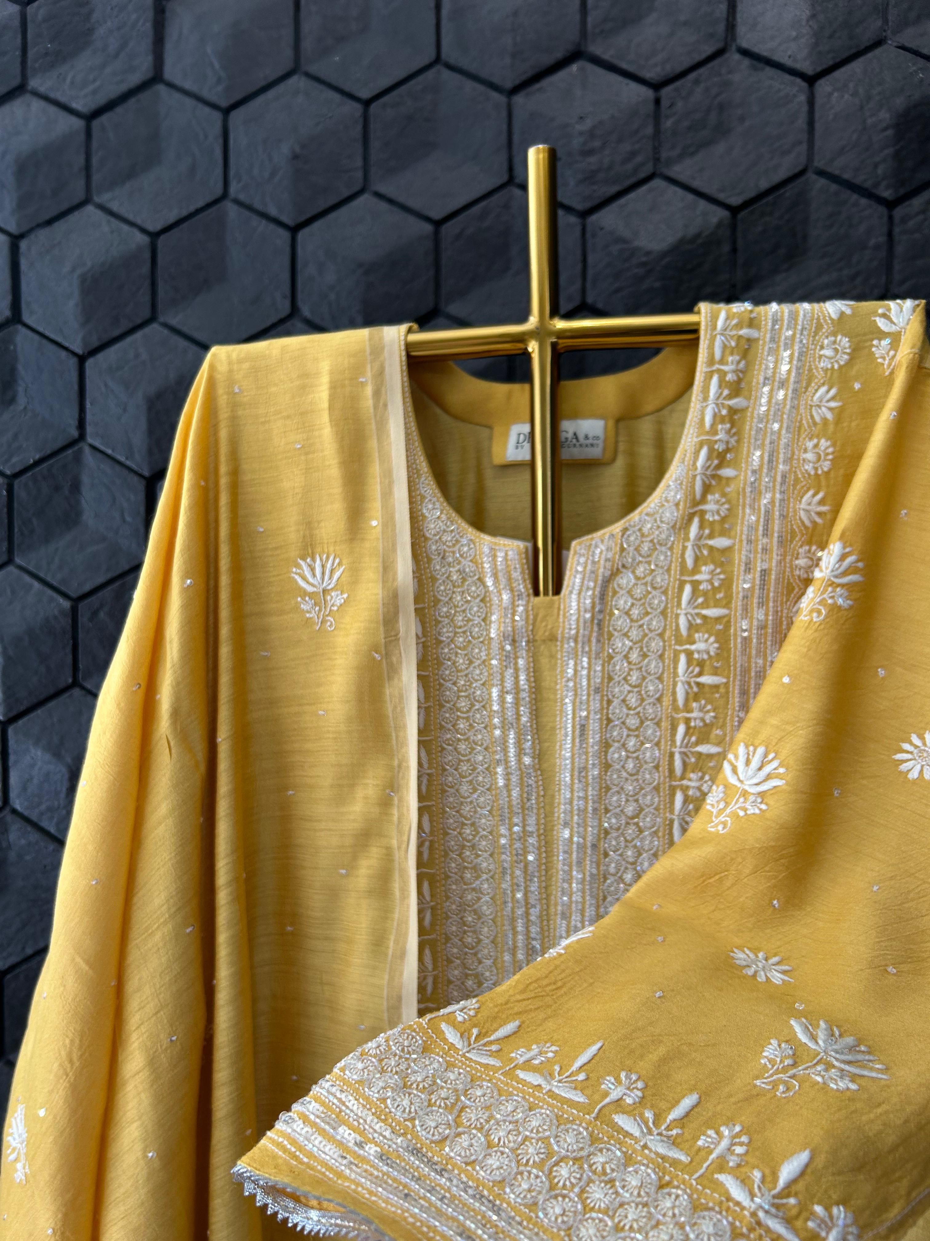 Mustard Munga Silk Chikankari Kurta Set