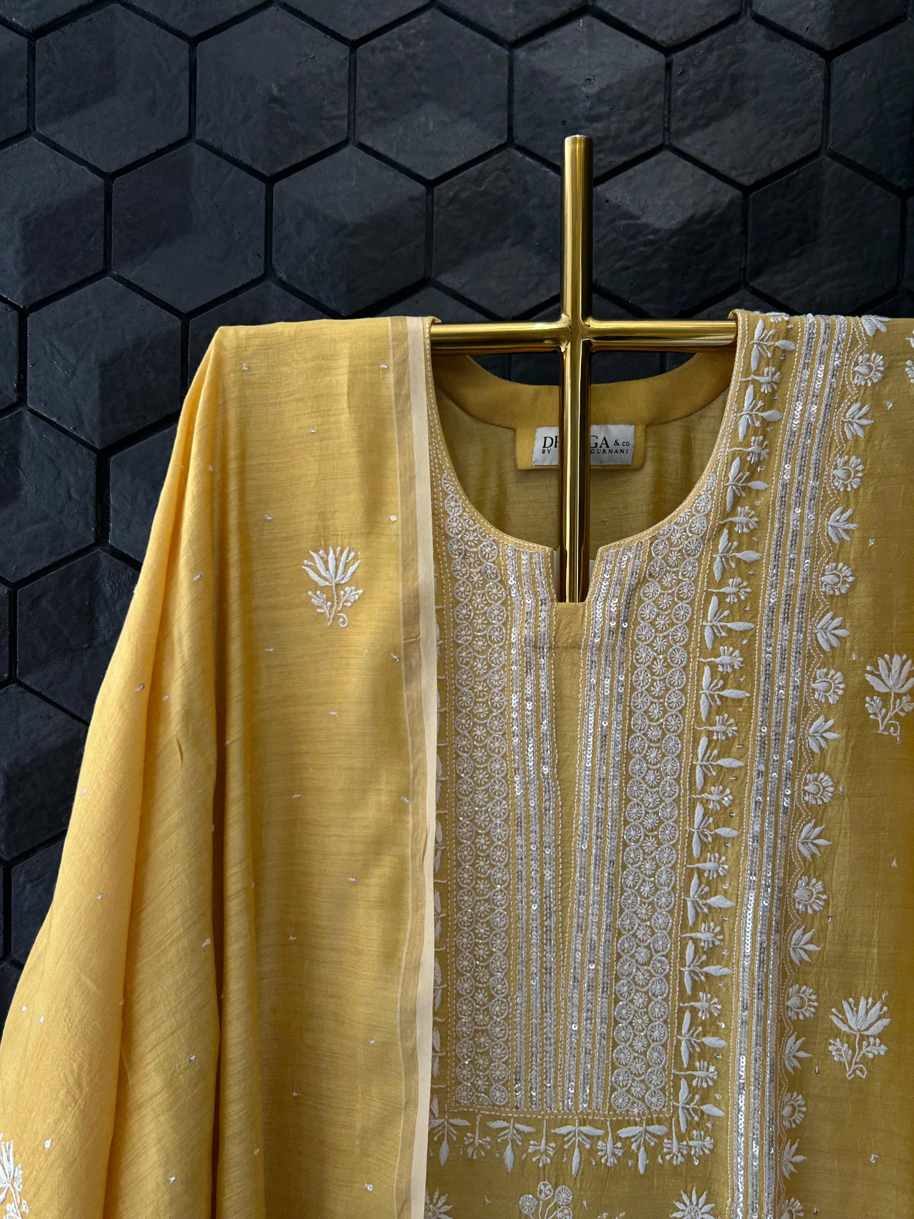 Mustard Munga Silk Chikankari Kurta Set