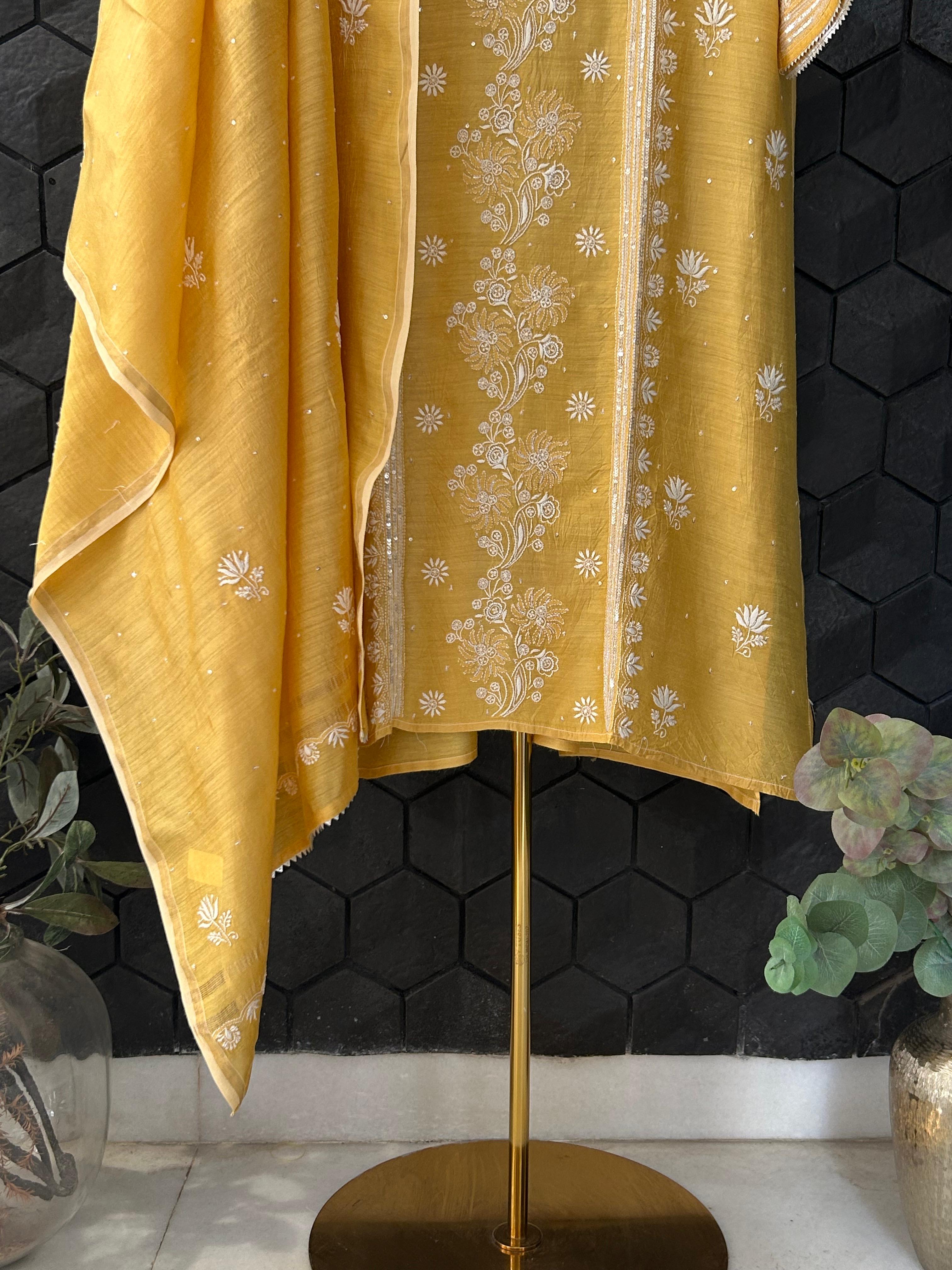 Mustard Munga Silk Chikankari Kurta Set