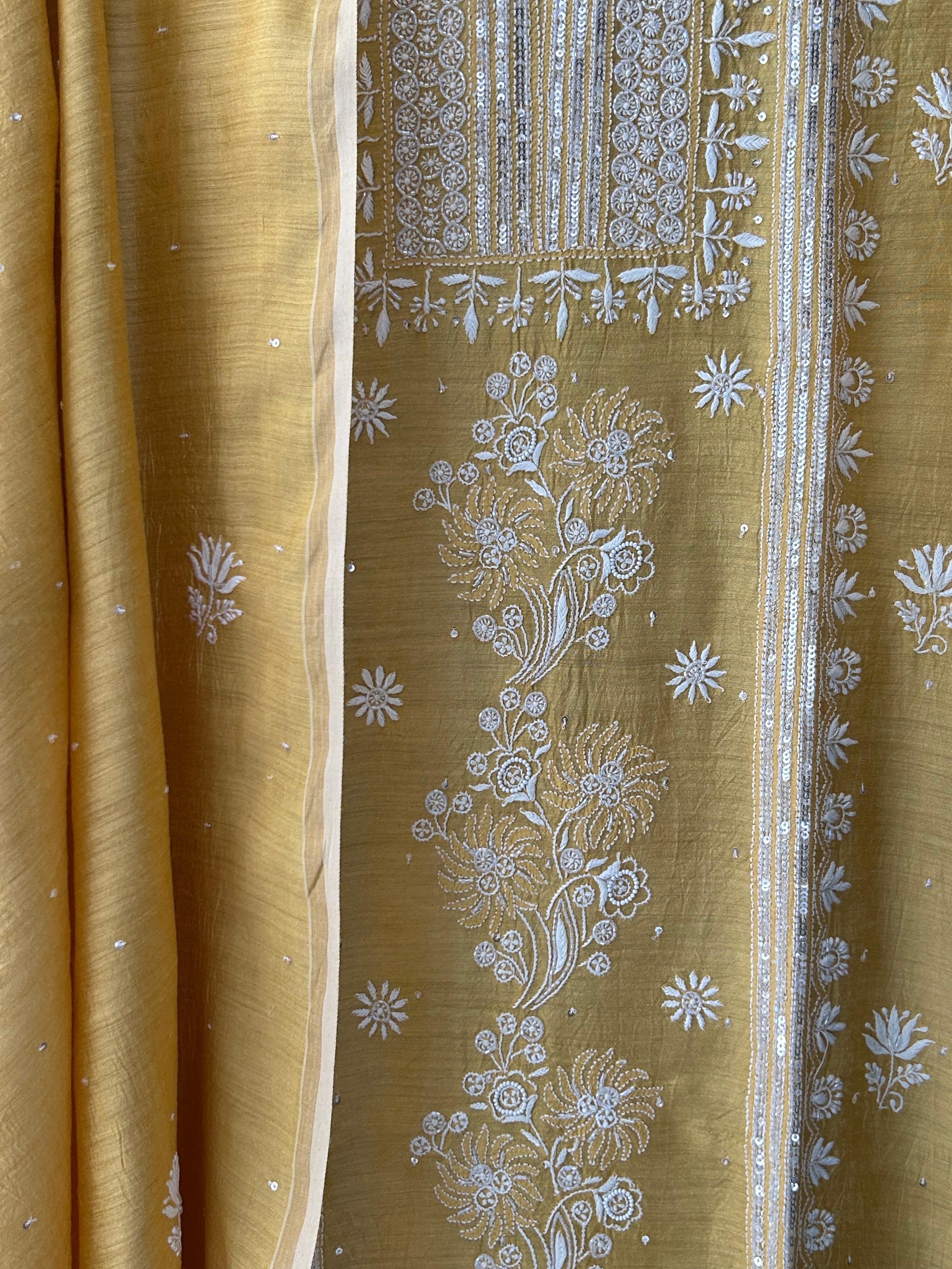 Mustard Munga Silk Chikankari Kurta Set