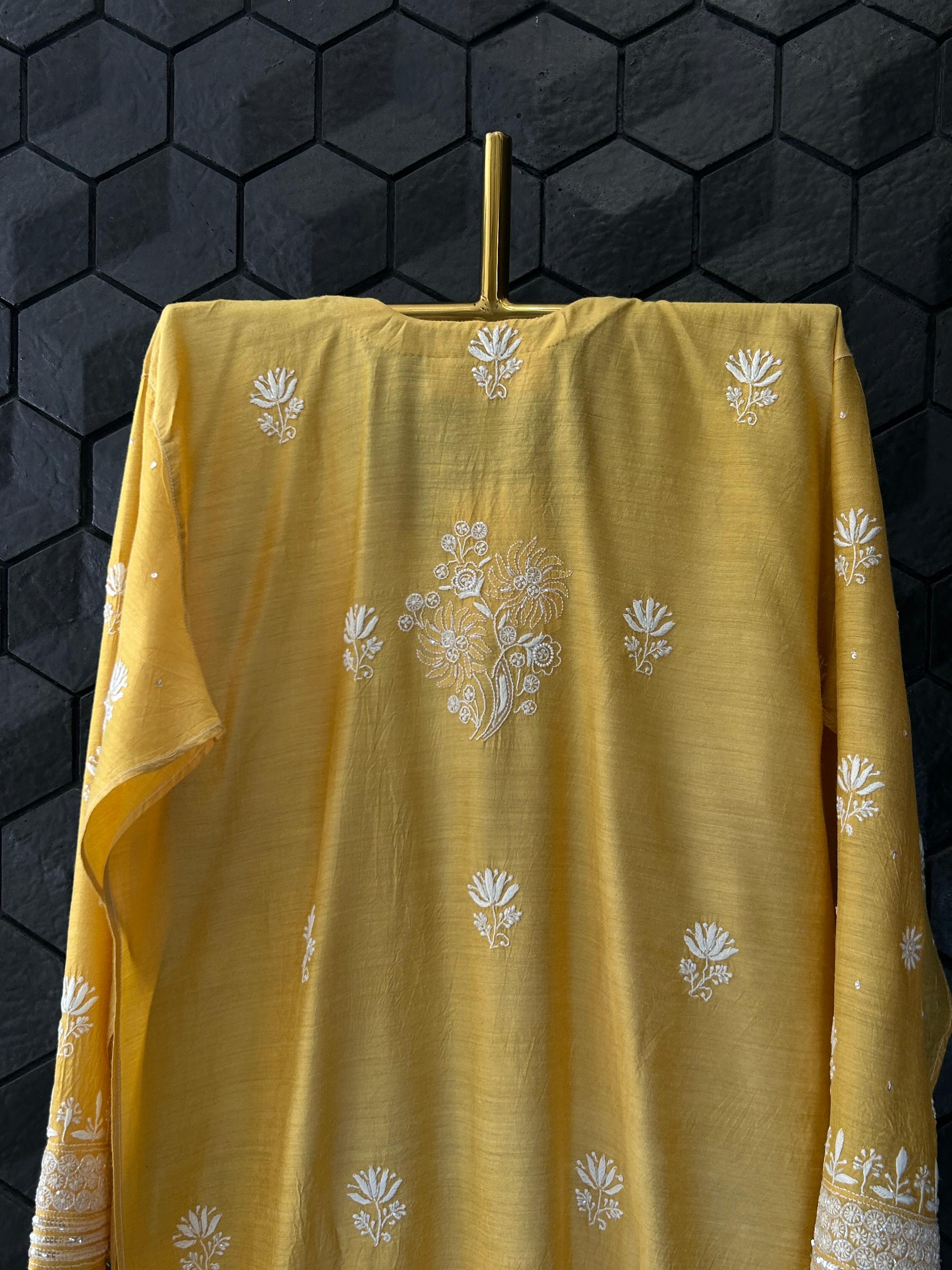 Mustard Munga Silk Chikankari Kurta Set