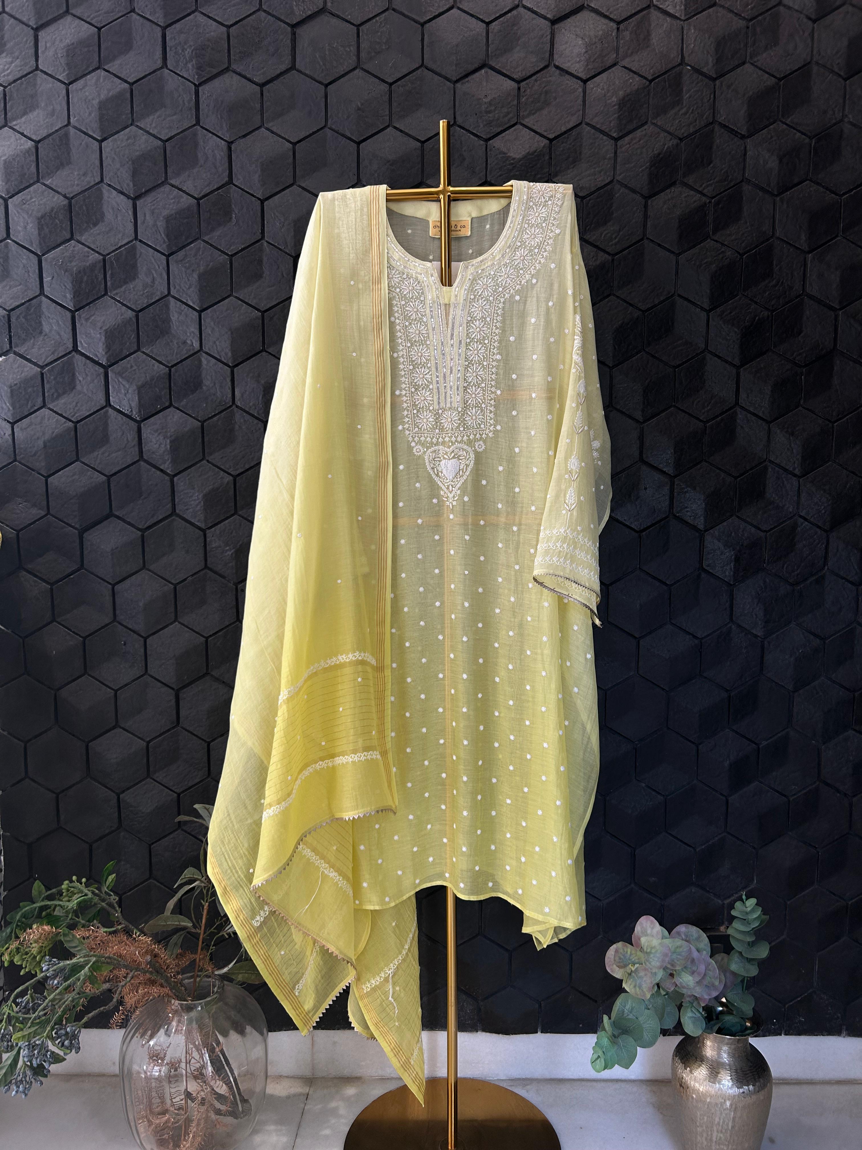 Lime Green Mul Chanderi Chikankari Kurta Set