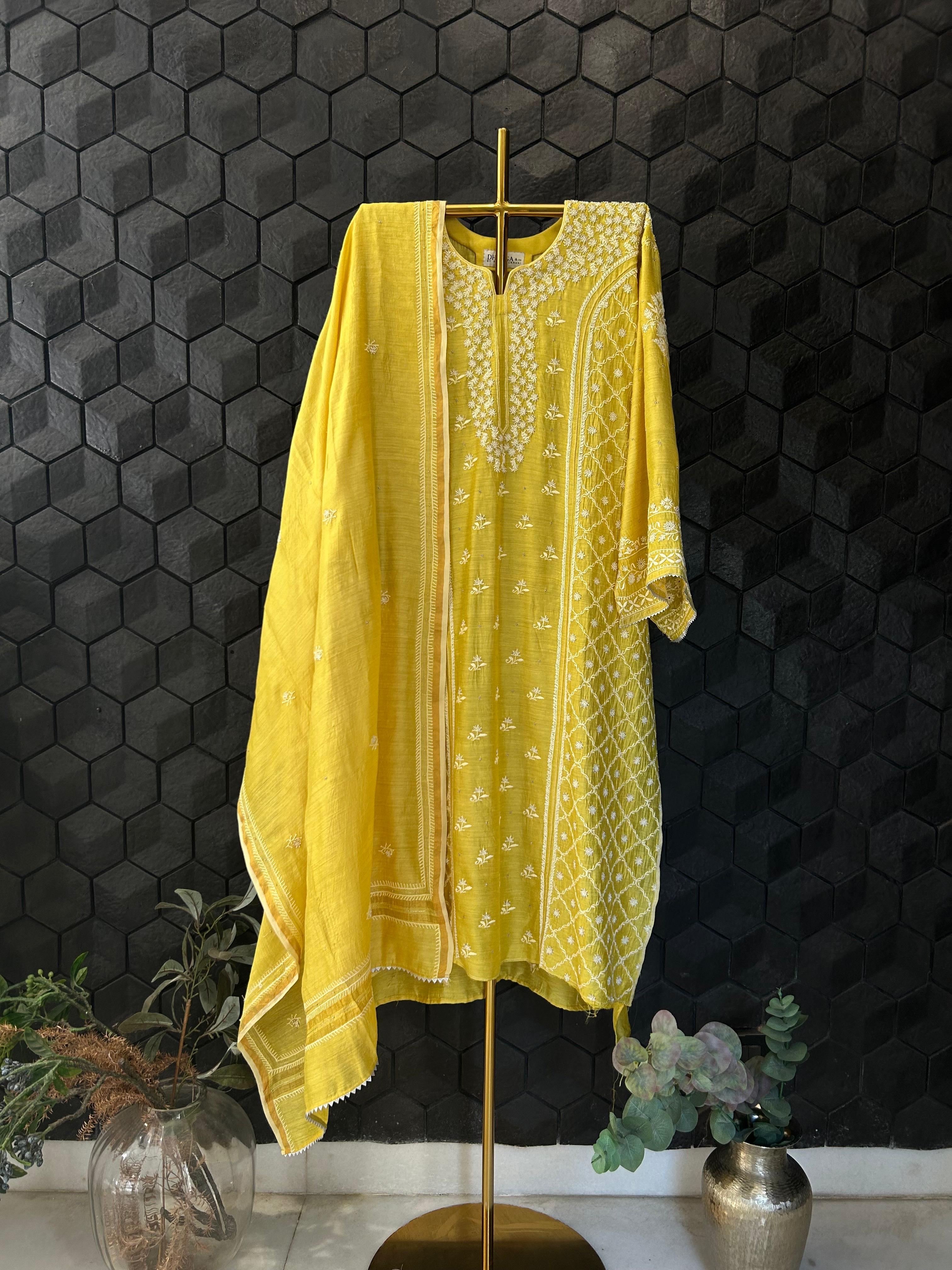 Mustard Munga Silk Chikankari Kurta Set