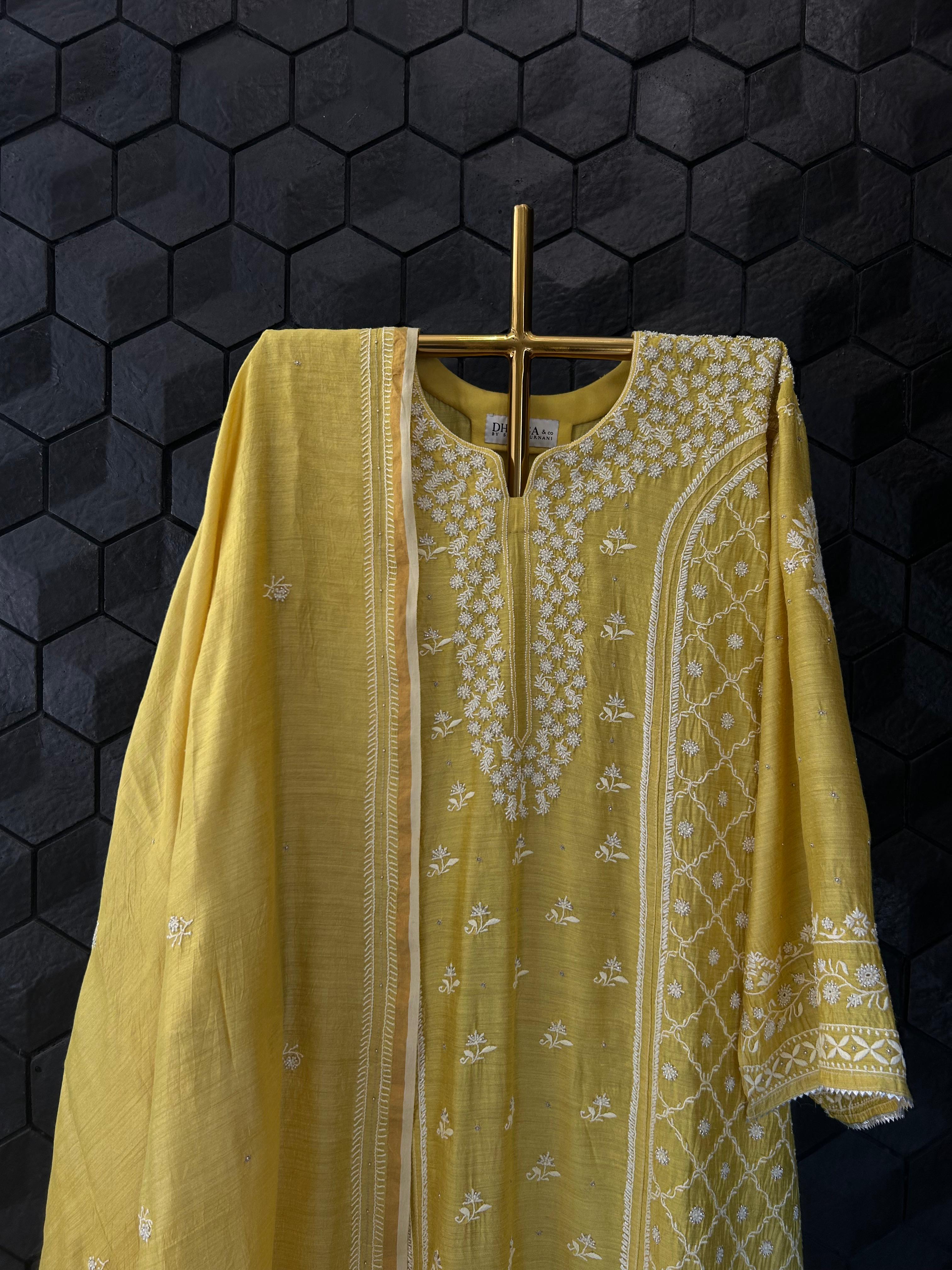 Mustard Munga Silk Chikankari Kurta Set