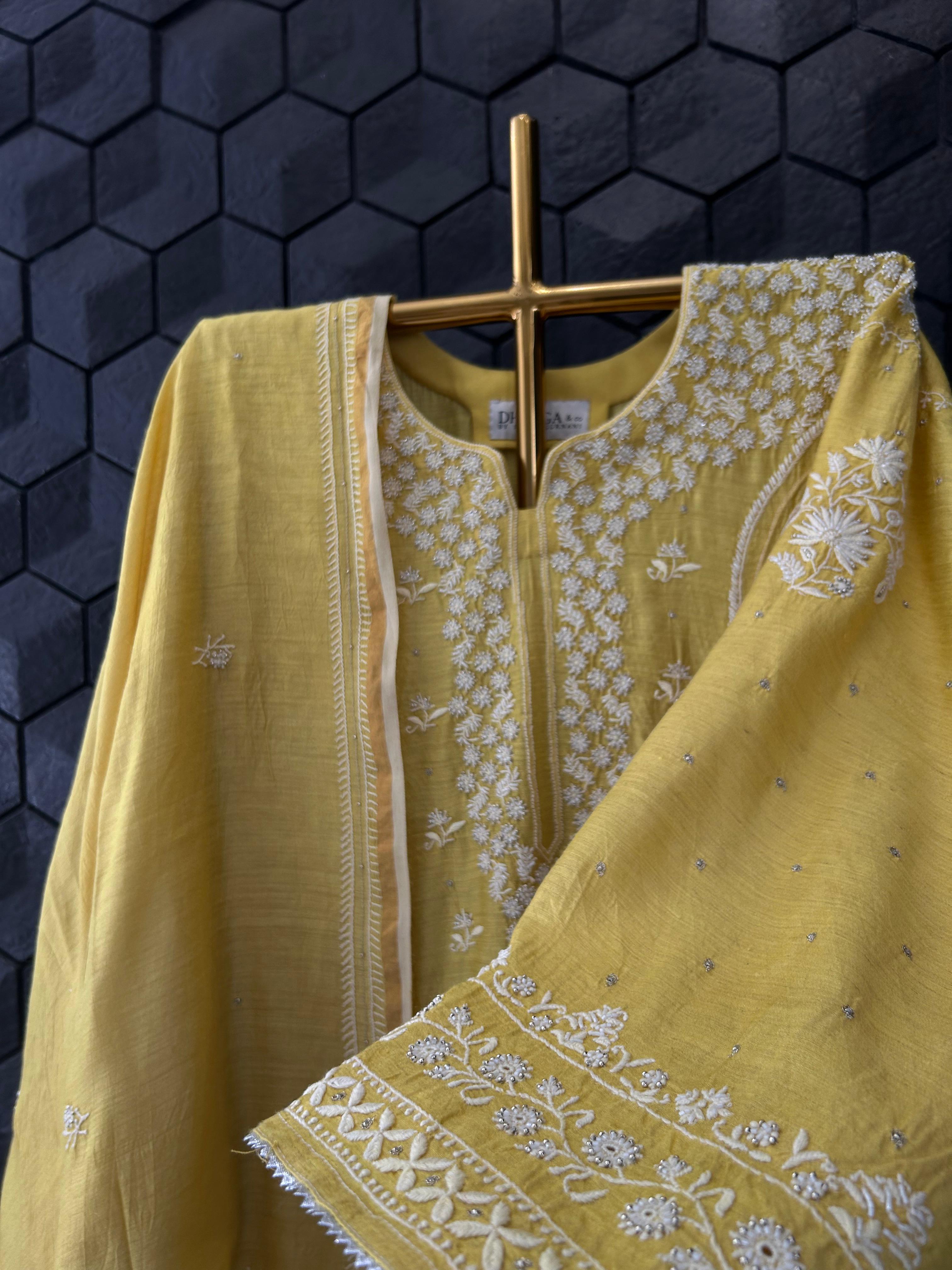 Mustard Munga Silk Chikankari Kurta Set