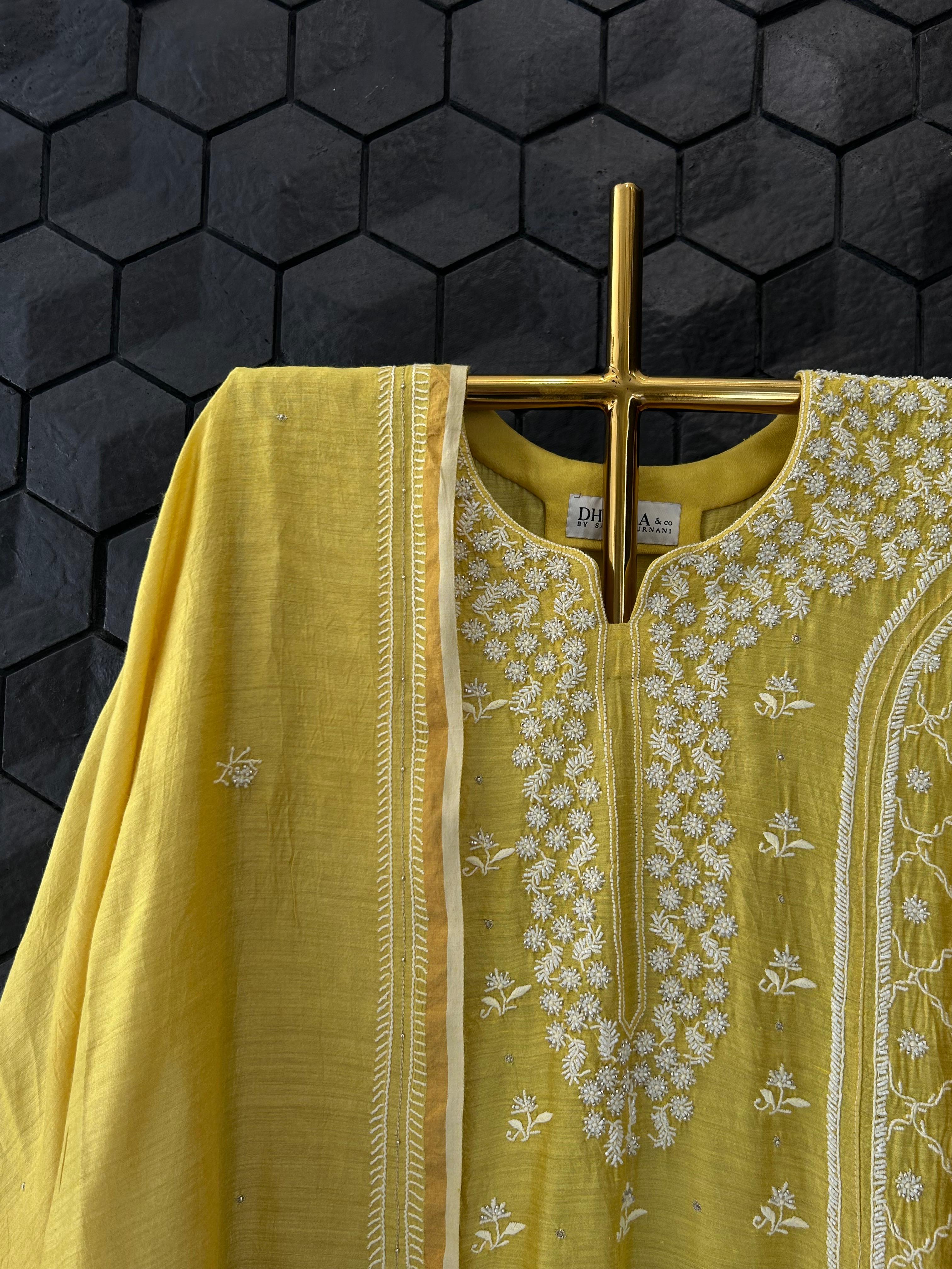 Mustard Munga Silk Chikankari Kurta Set