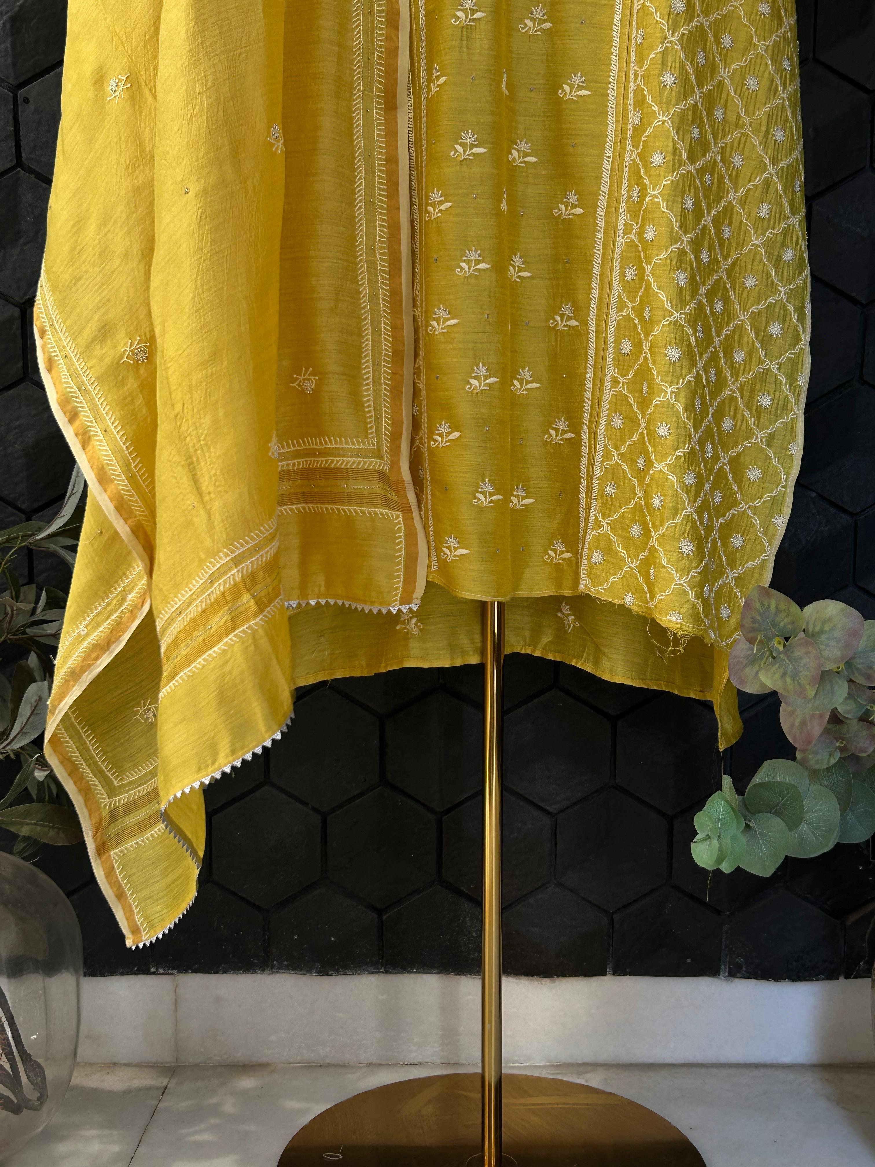 Mustard Munga Silk Chikankari Kurta Set