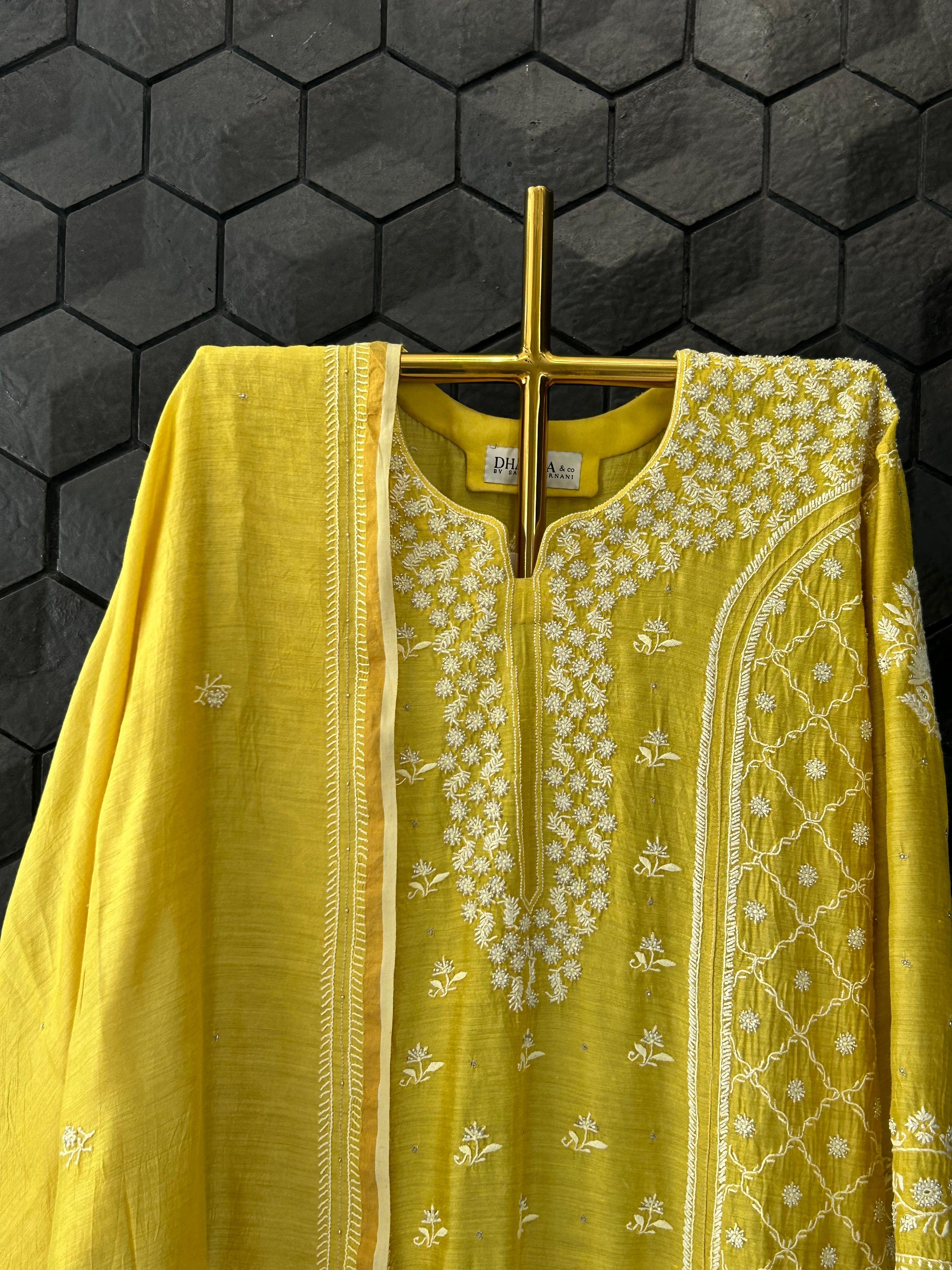 Mustard Munga Silk Chikankari Kurta Set