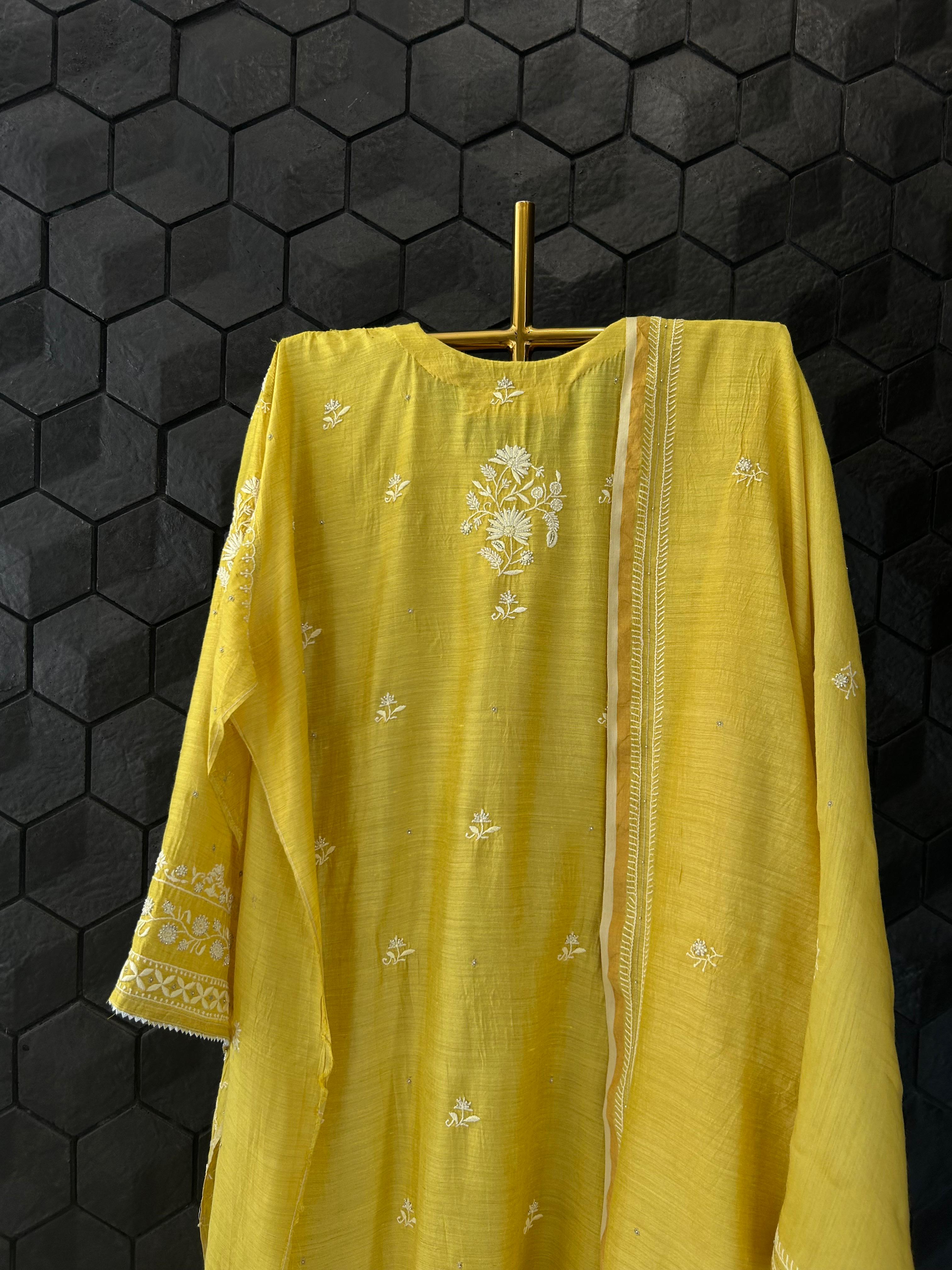 Mustard Munga Silk Chikankari Kurta Set