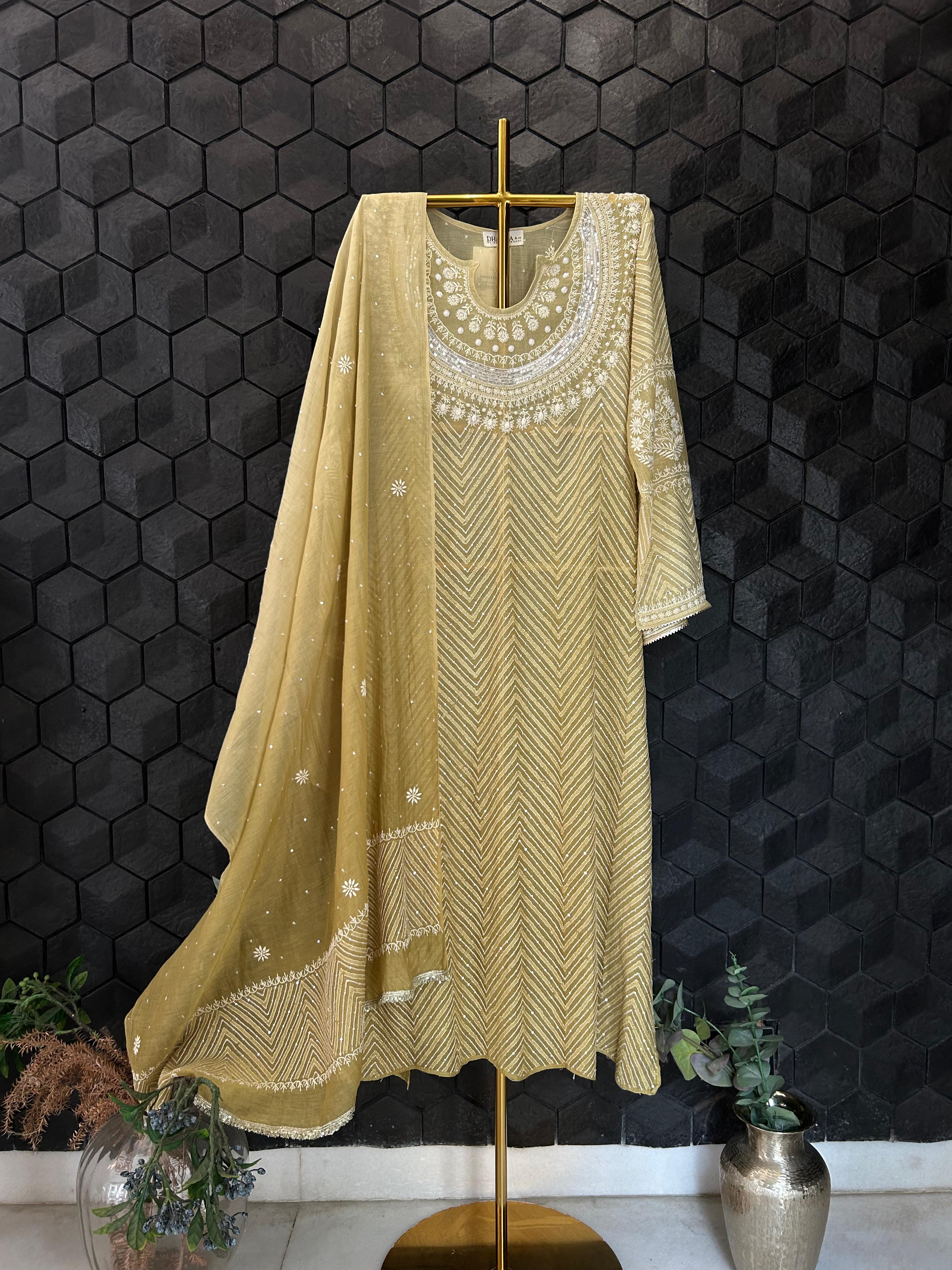 Pista Green Mul Chanderi Chikankari kurta set