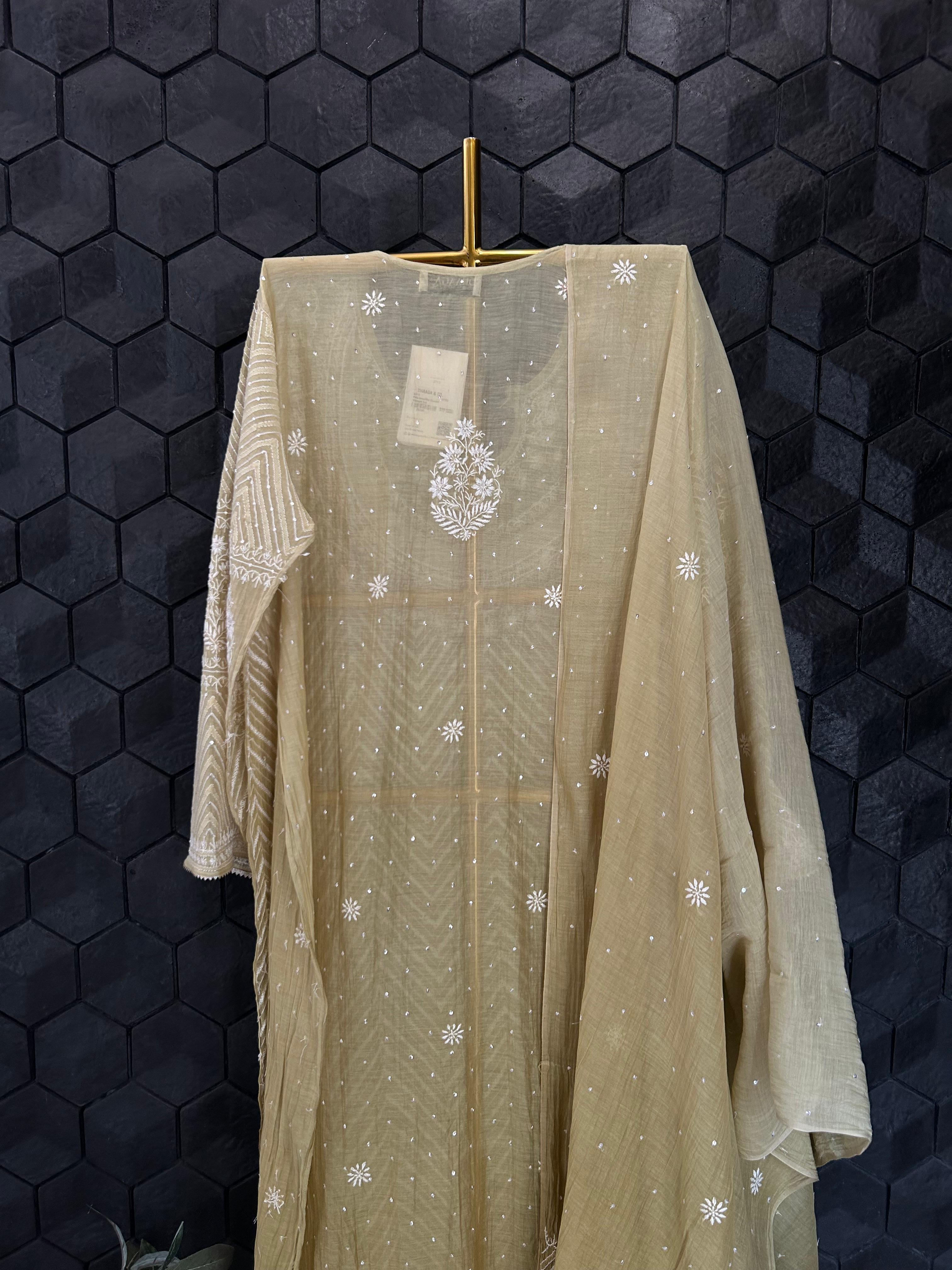 Pista Green Mul Chanderi Chikankari kurta set