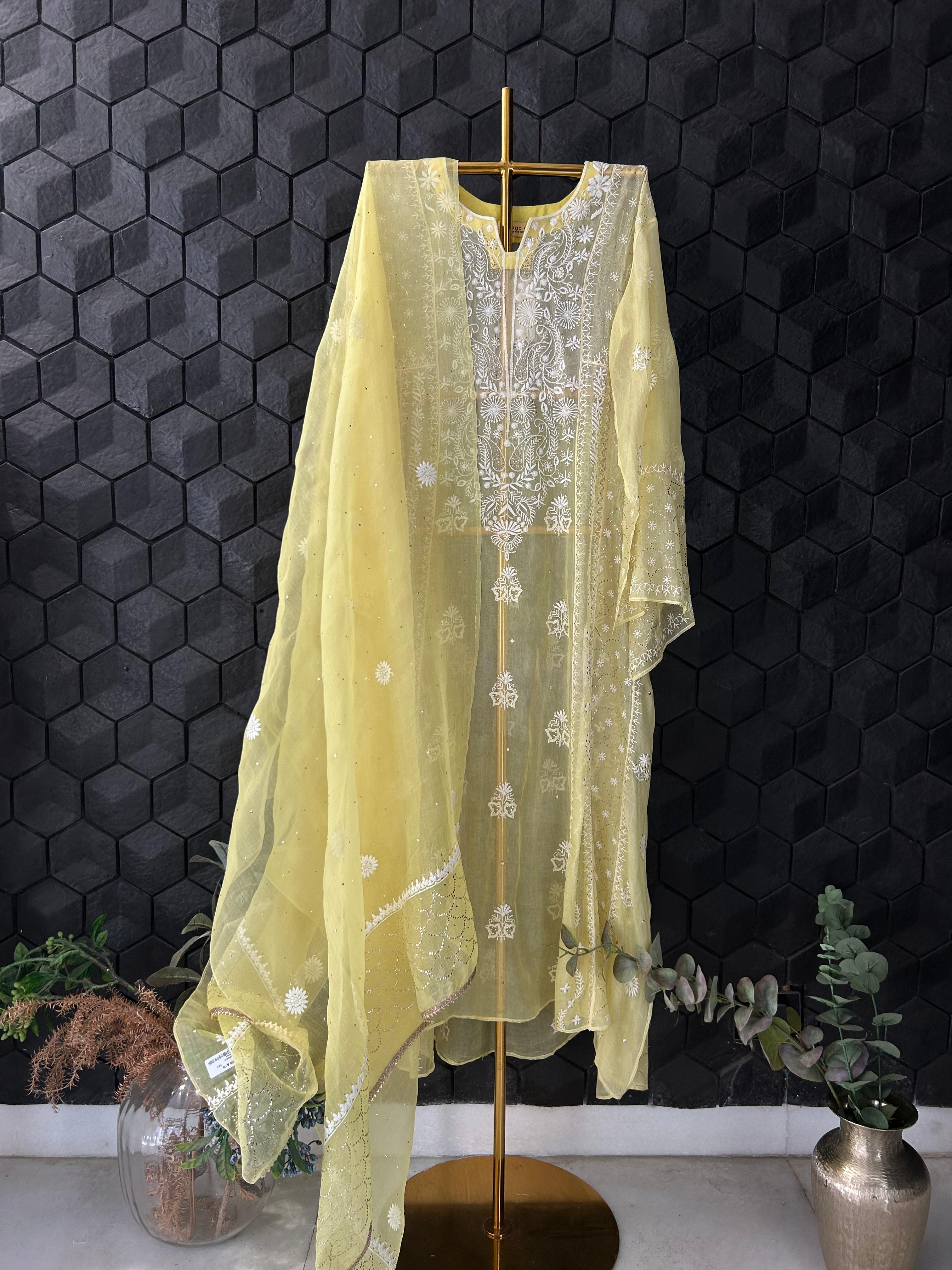 Yellow Organza Mukaish Chikankari anarkali Set