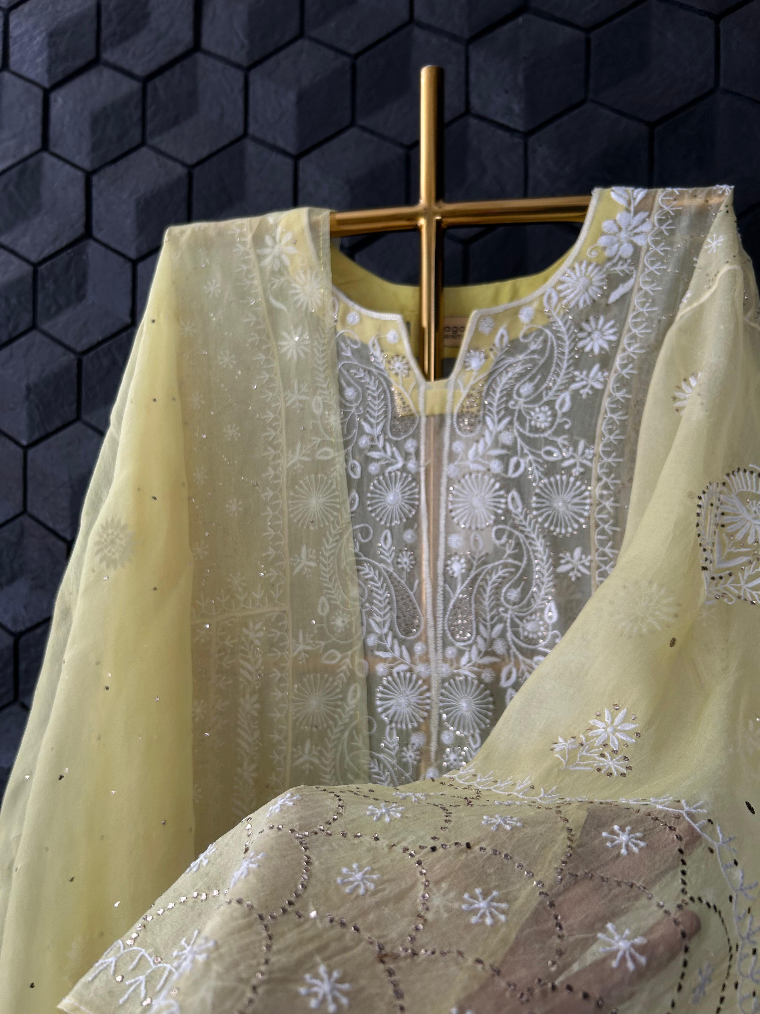 Yellow Organza Mukaish Chikankari anarkali Set