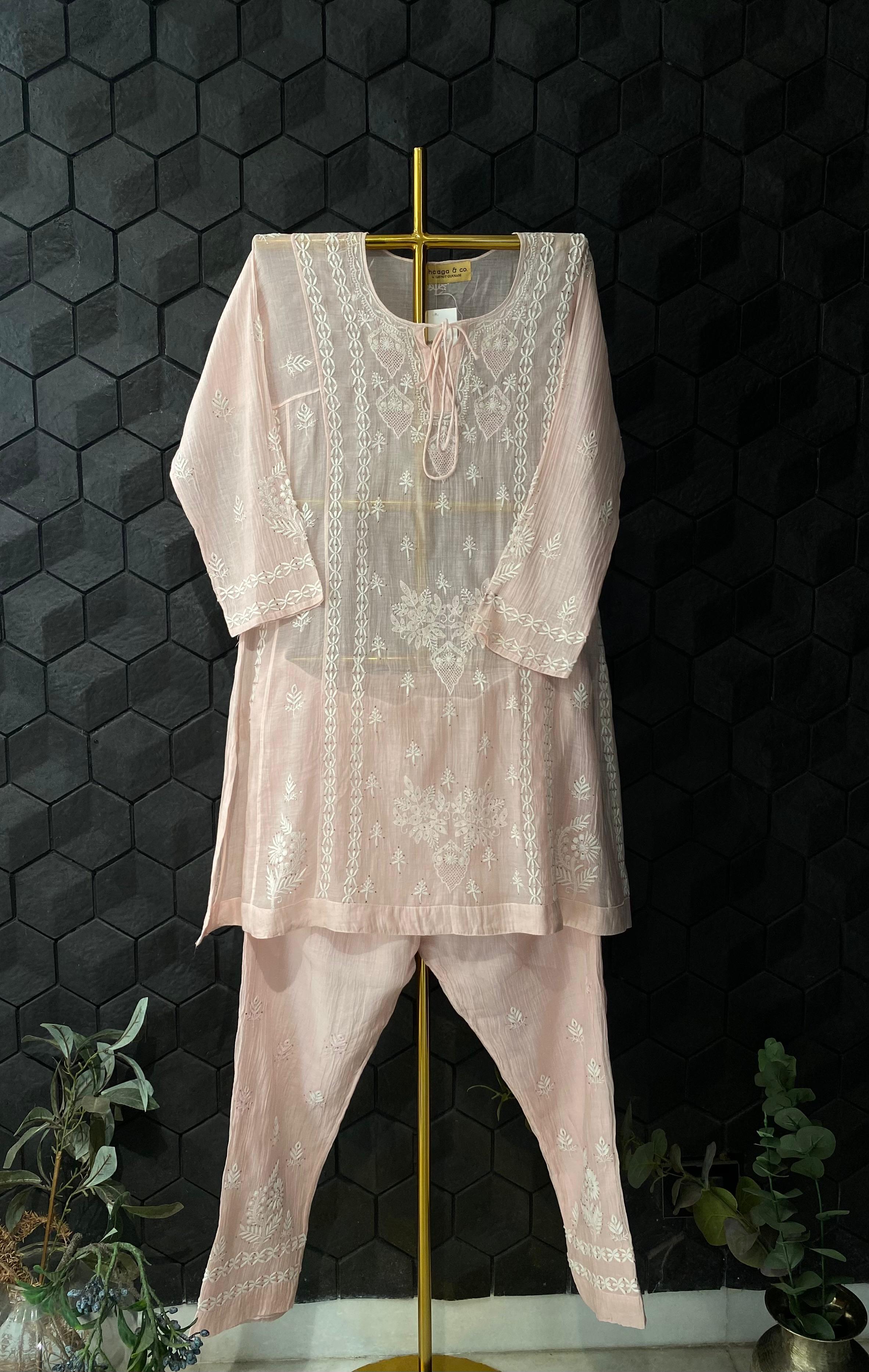 Pink Mul Chanderi Chikankari Mukaish Co-ord Set