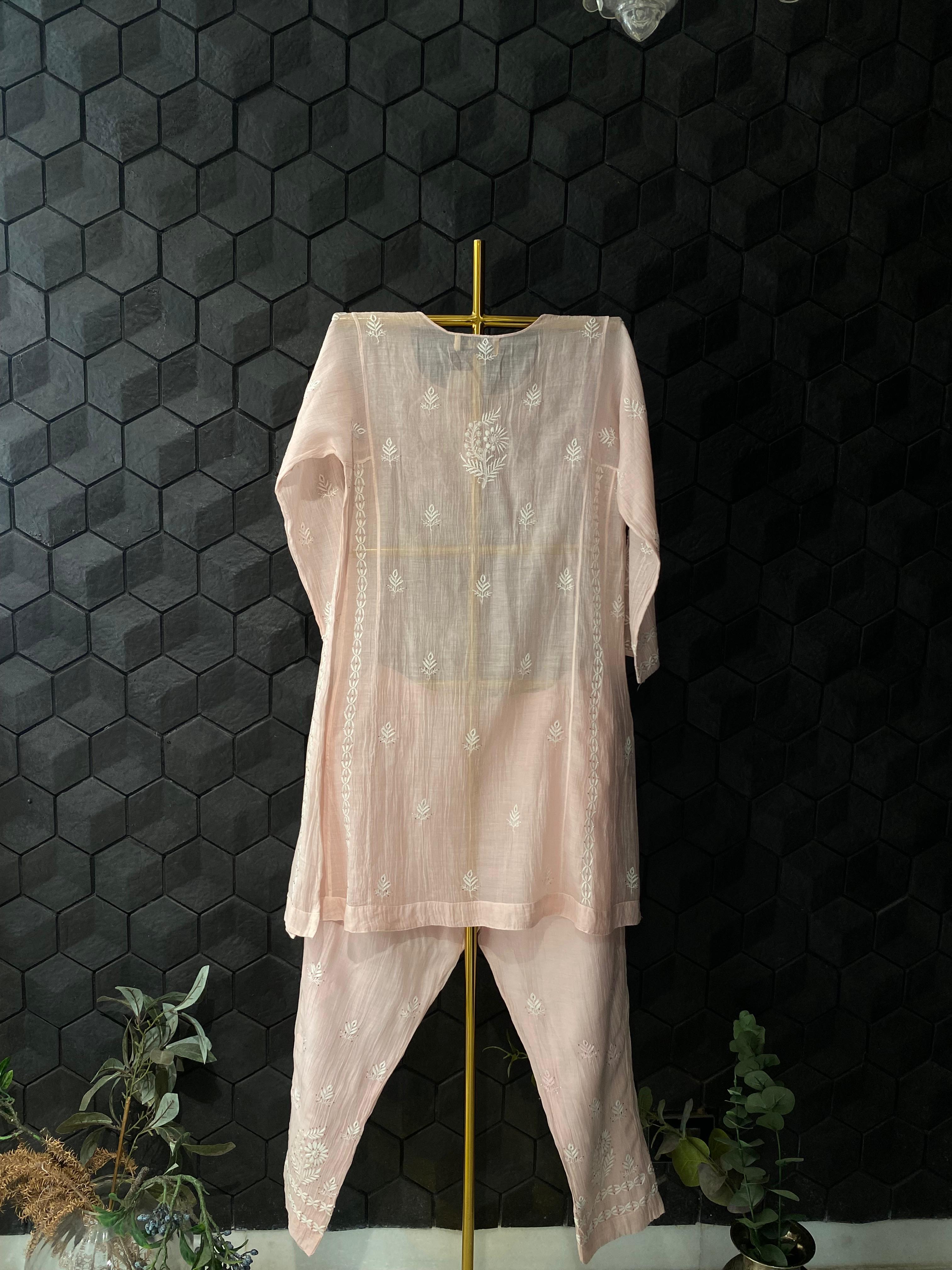 Pink Mul Chanderi Chikankari Mukaish Co-ord Set