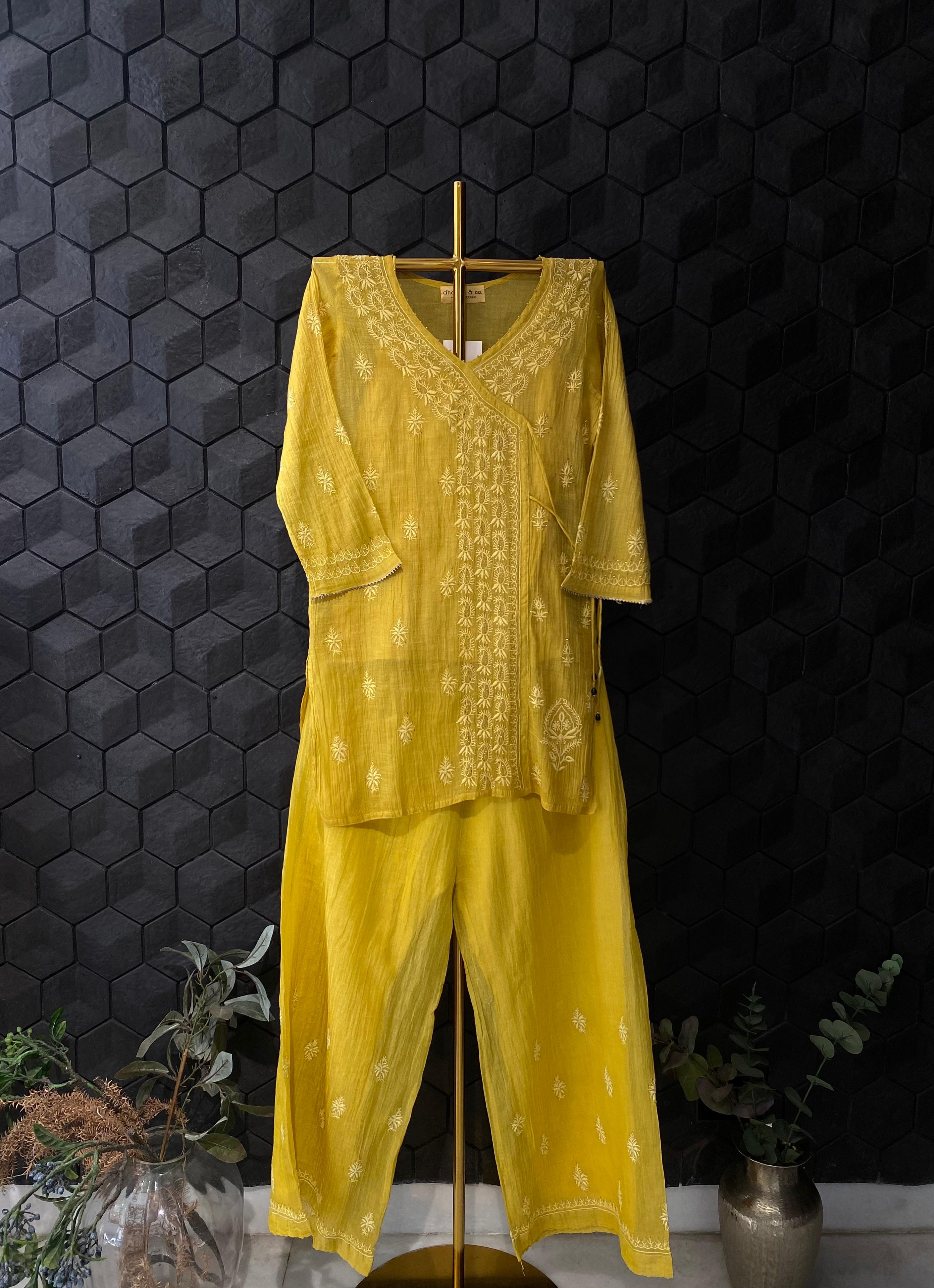 Yellow Silver Tissue Chikankari Co-ord Set