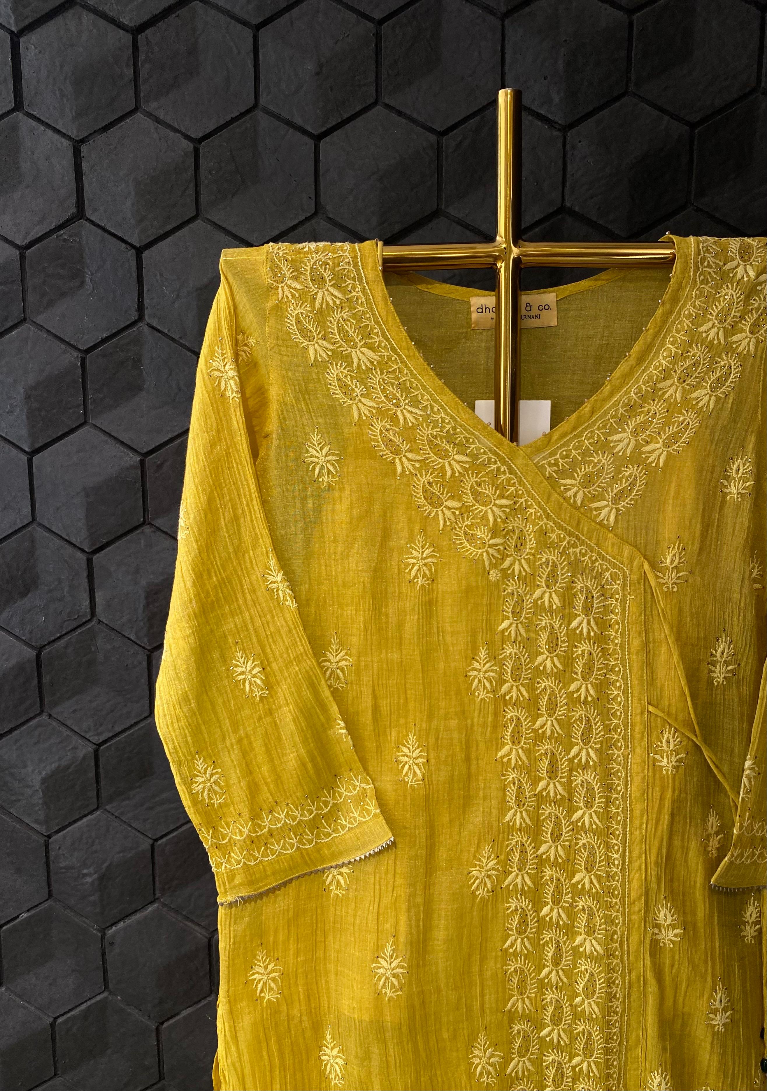 Yellow Silver Tissue Chikankari Co-ord Set