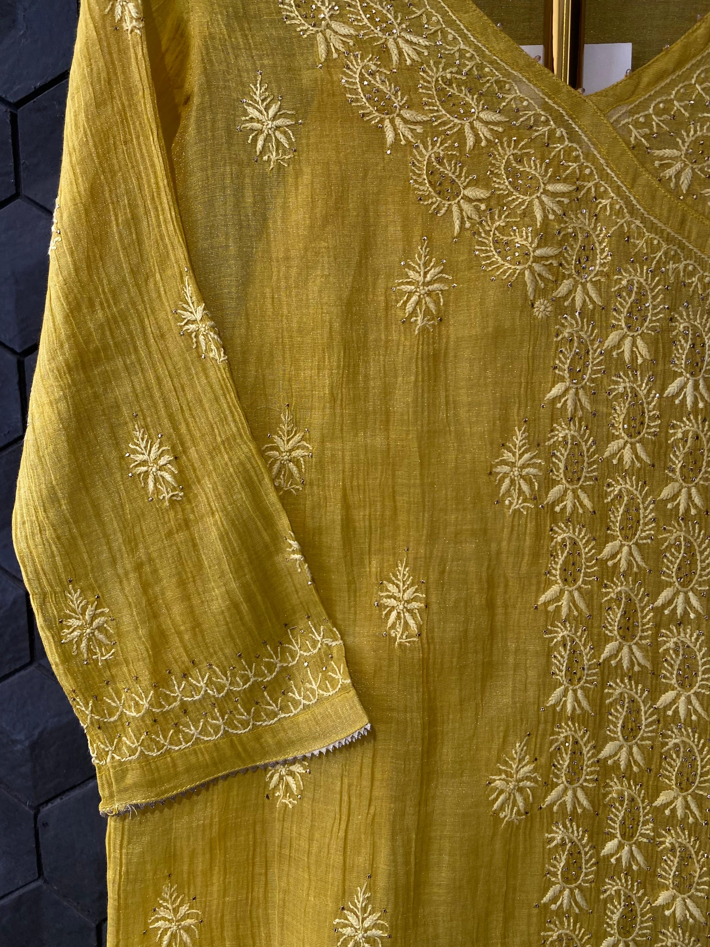 Yellow Silver Tissue Chikankari Co-ord Set