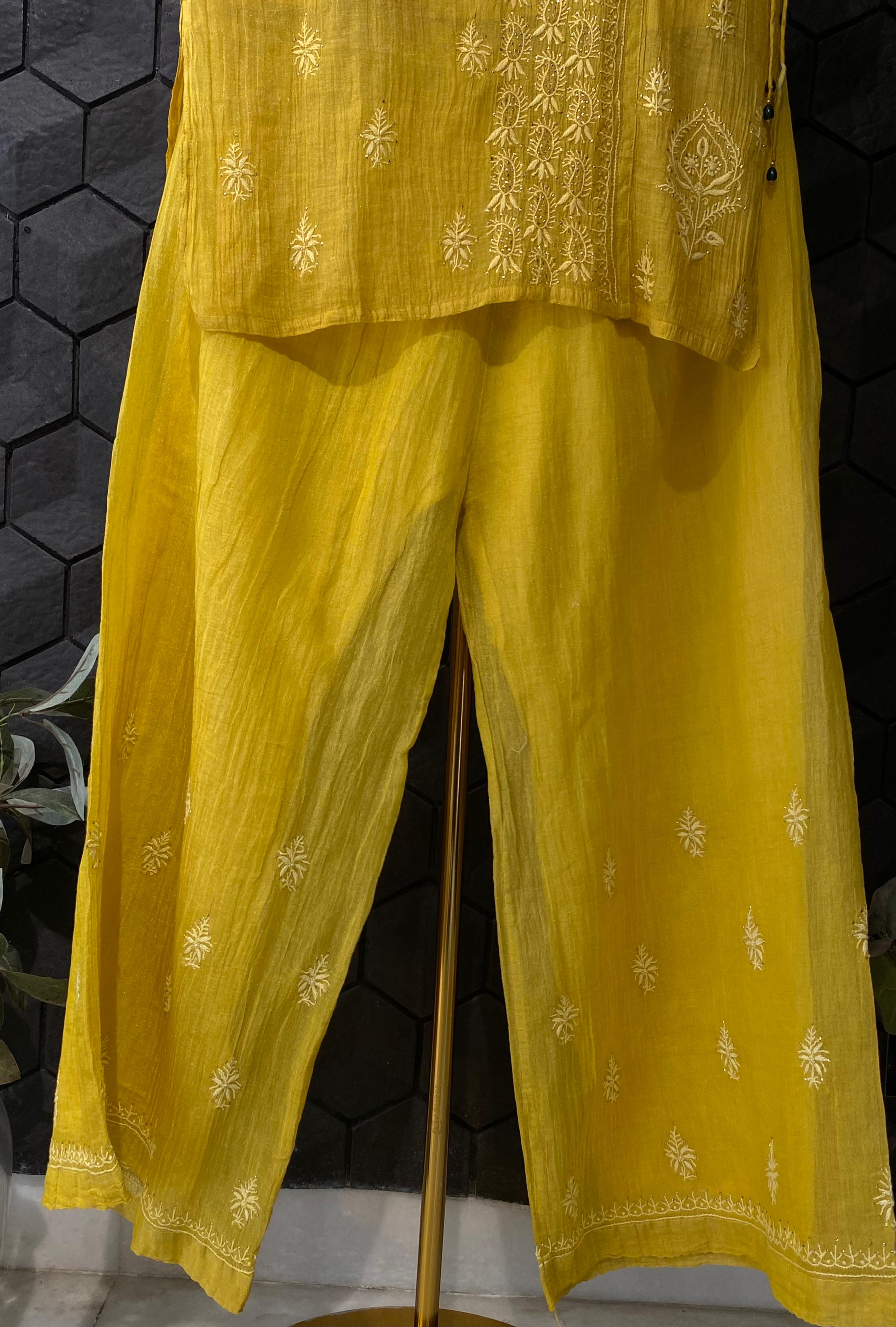 Yellow Silver Tissue Chikankari Co-ord Set