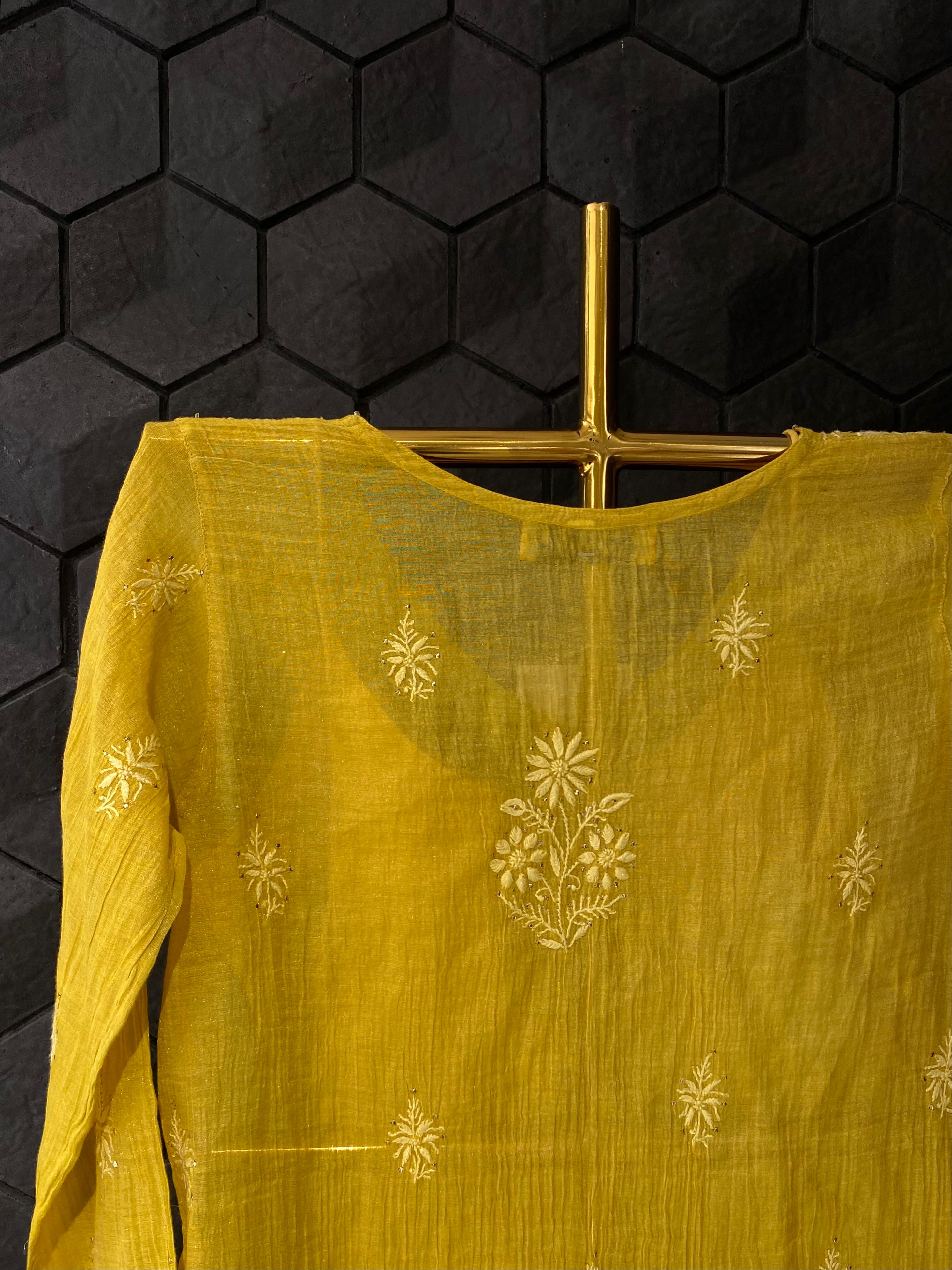 Yellow Silver Tissue Chikankari Co-ord Set