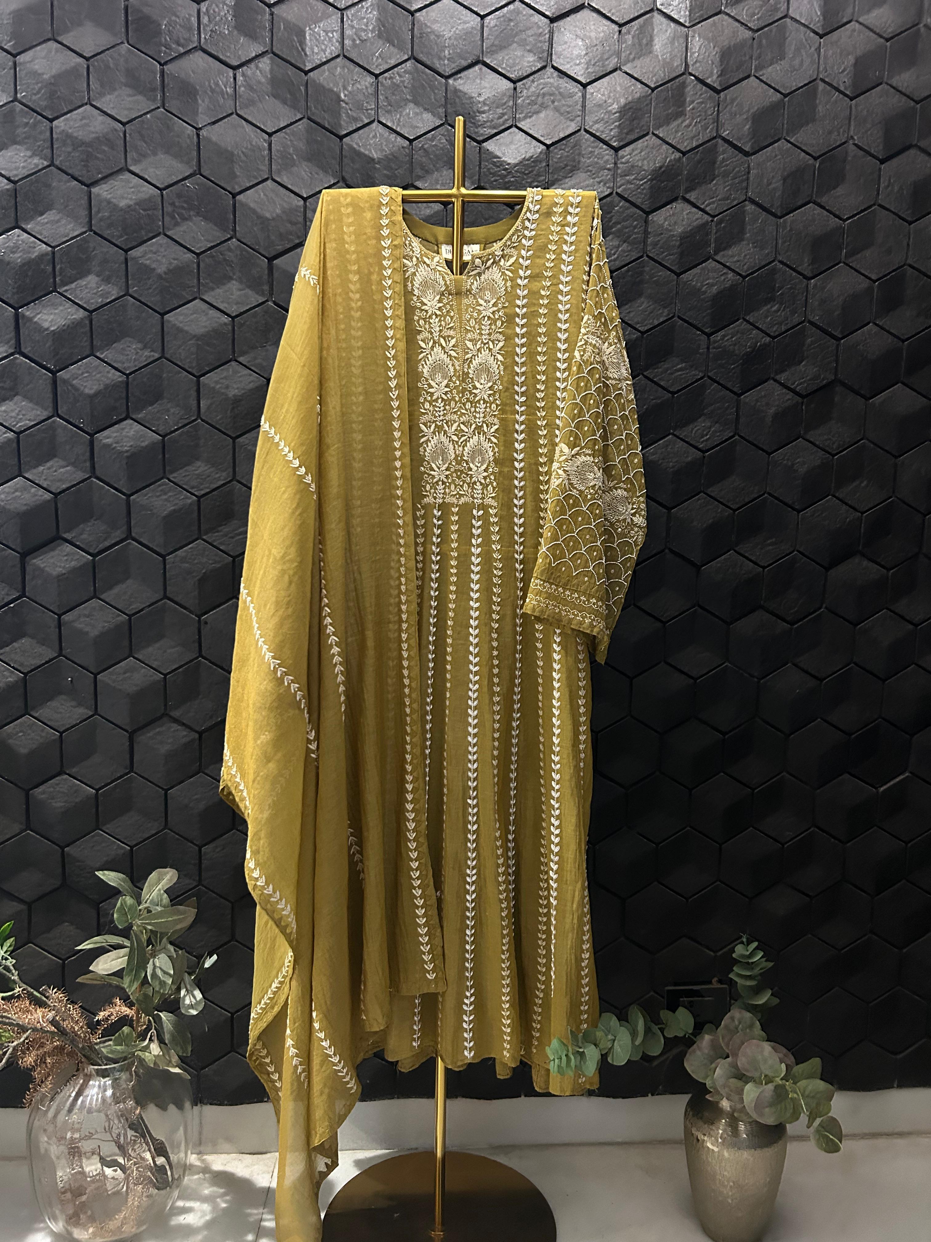 Mehendi Green Tissue Chikankari Anarkali Set