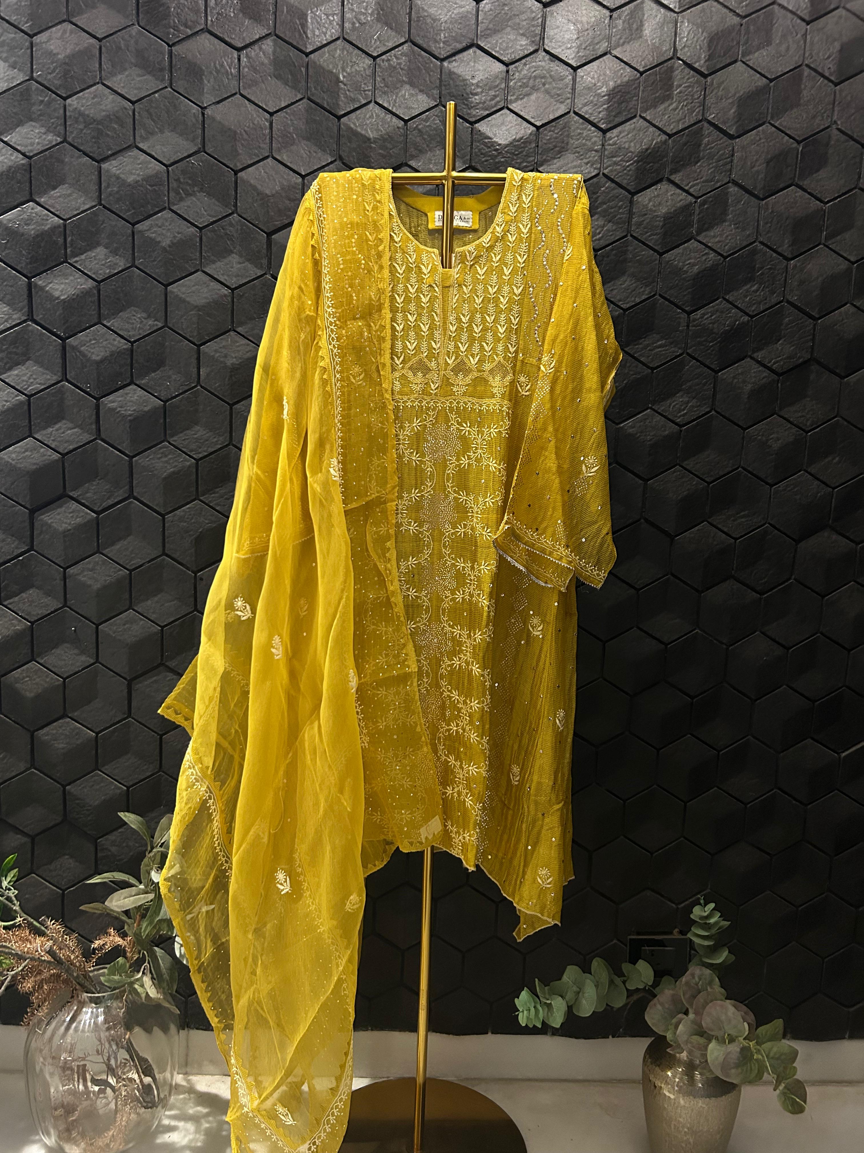 Mehendi Green Stripe Tissue Chikankari Kurta Set