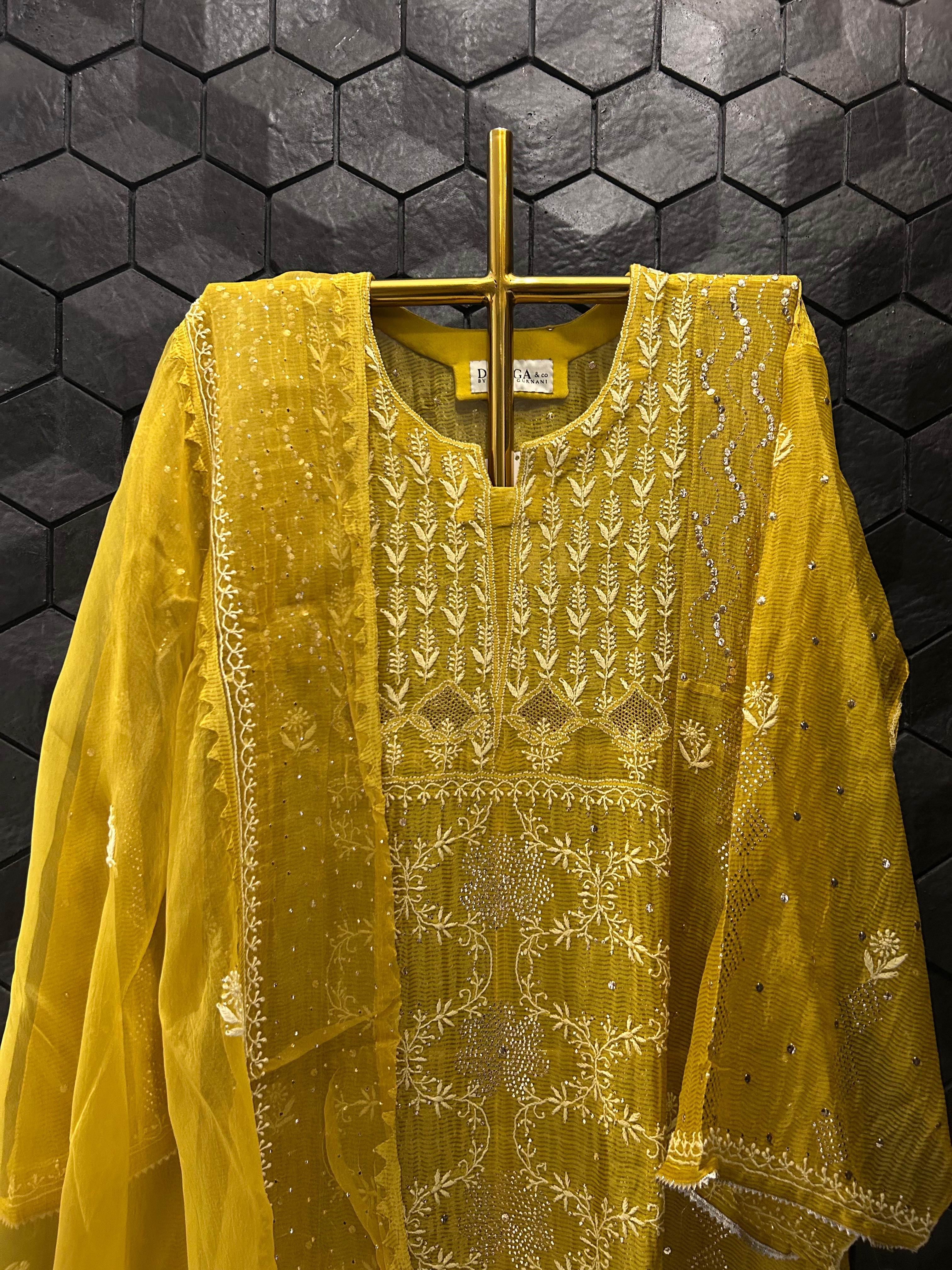 Mehendi Green Stripe Tissue Chikankari Kurta Set