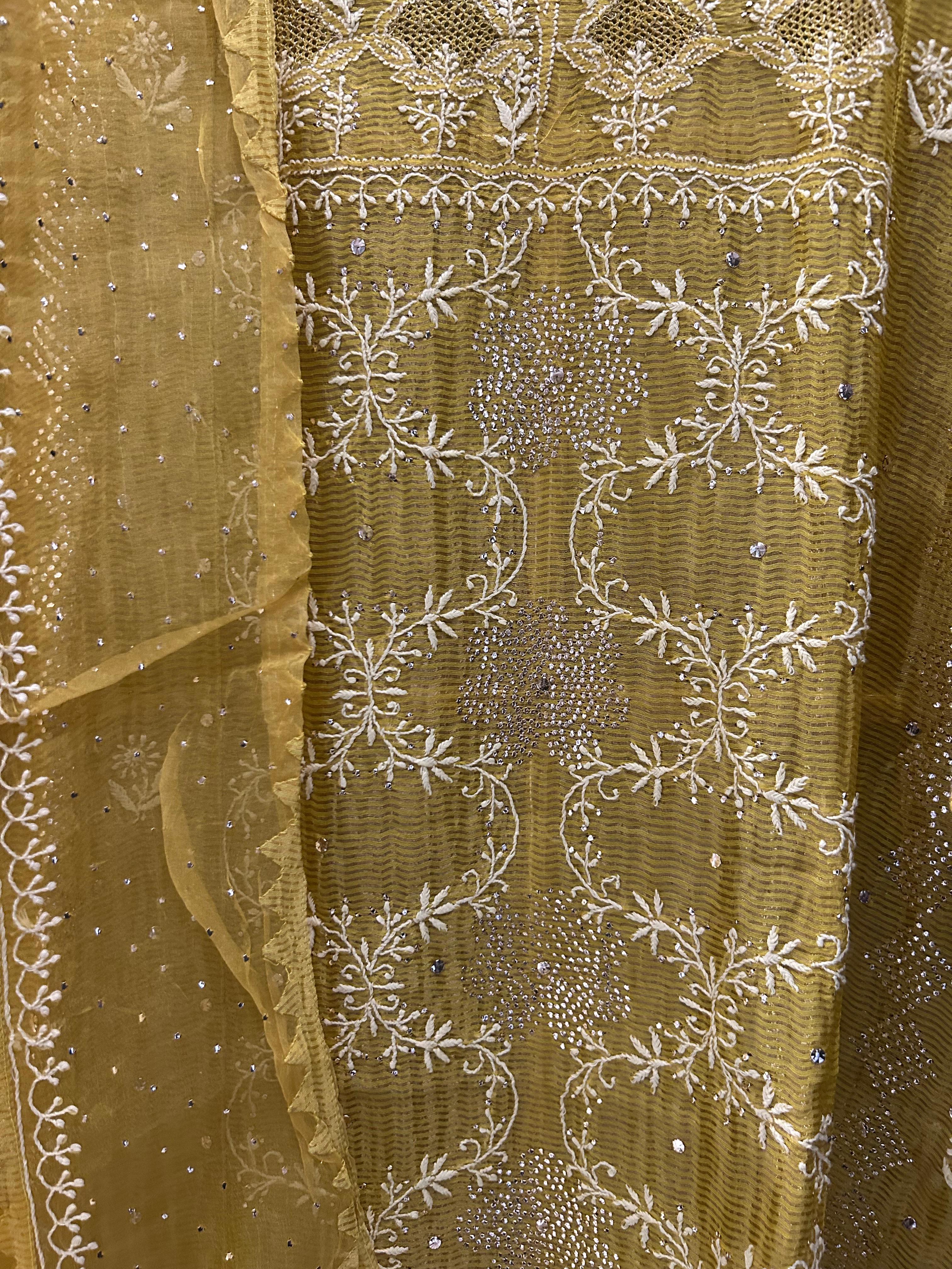 Mehendi Green Stripe Tissue Chikankari Kurta Set