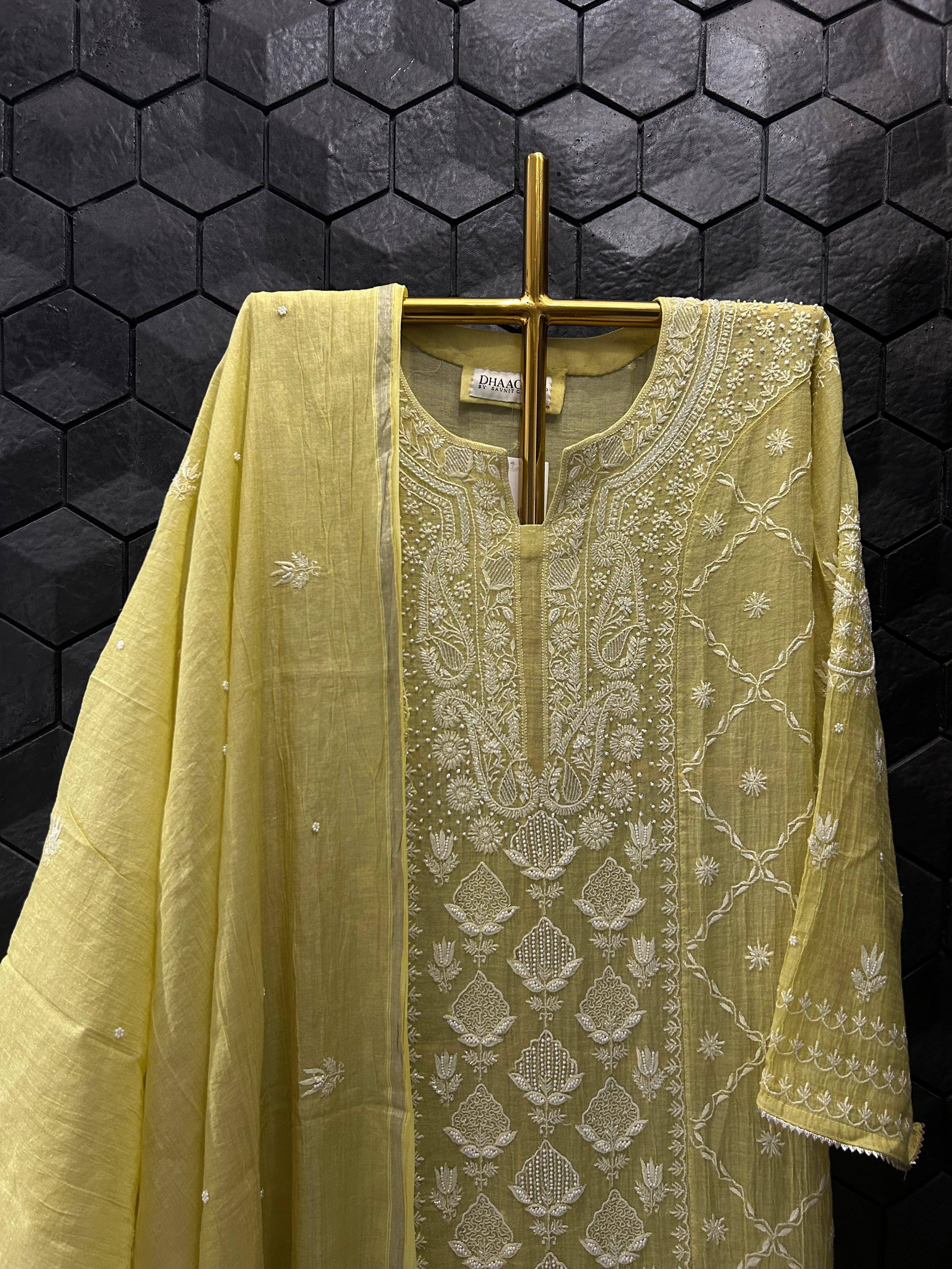 Lime Green Silver Tissue Chikankari Kurta Set